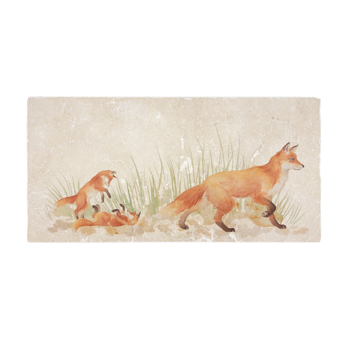 A handmade rectangle cream marble splashback tile featuring a watercolour countryside animal design of a fox and her fox cub in grass.