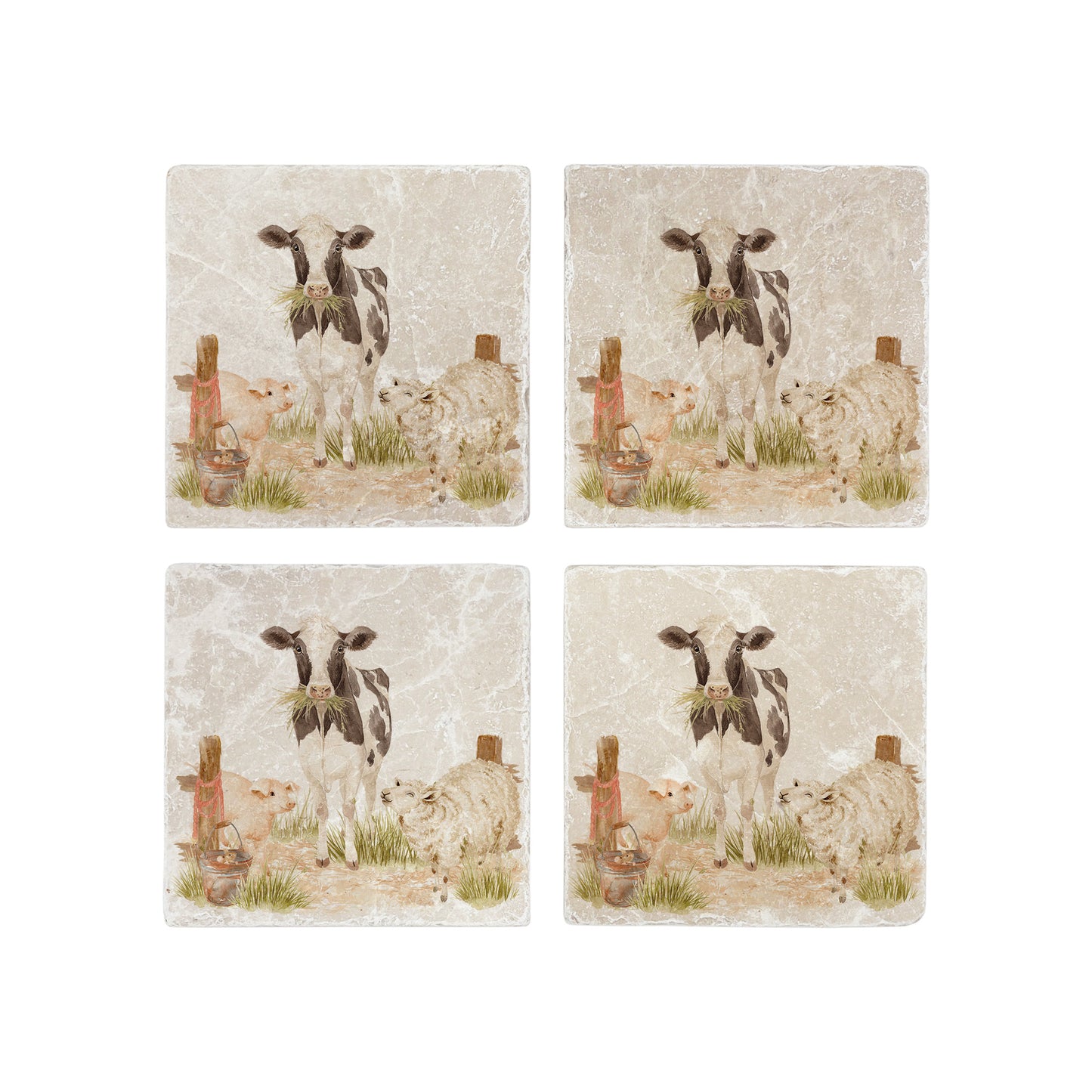 Marble Coasters featuring a dairy cow, sheep, piglet and mouse. In The Humble Hares classic watercolour design.