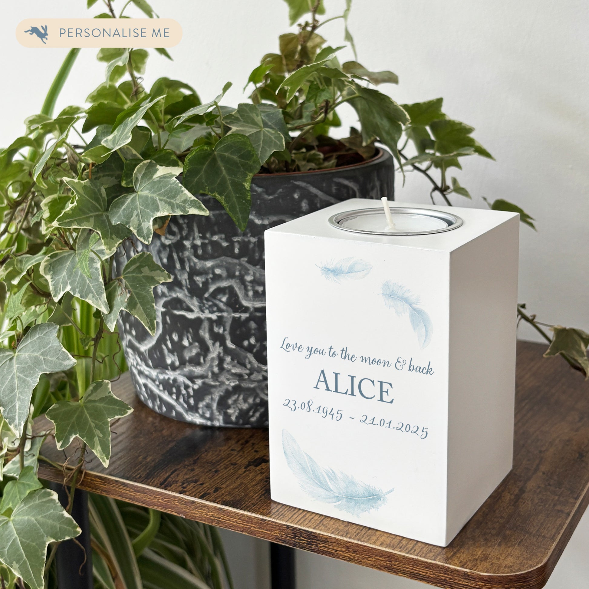 wooden cuboid luxury tealight holder with gorgeous personalised options . Each product is lovingly designed, handmade with our Countryside inspired watercolour designs. This design features a Feathers, unique designs to remember a loved on, great for memorial occasions