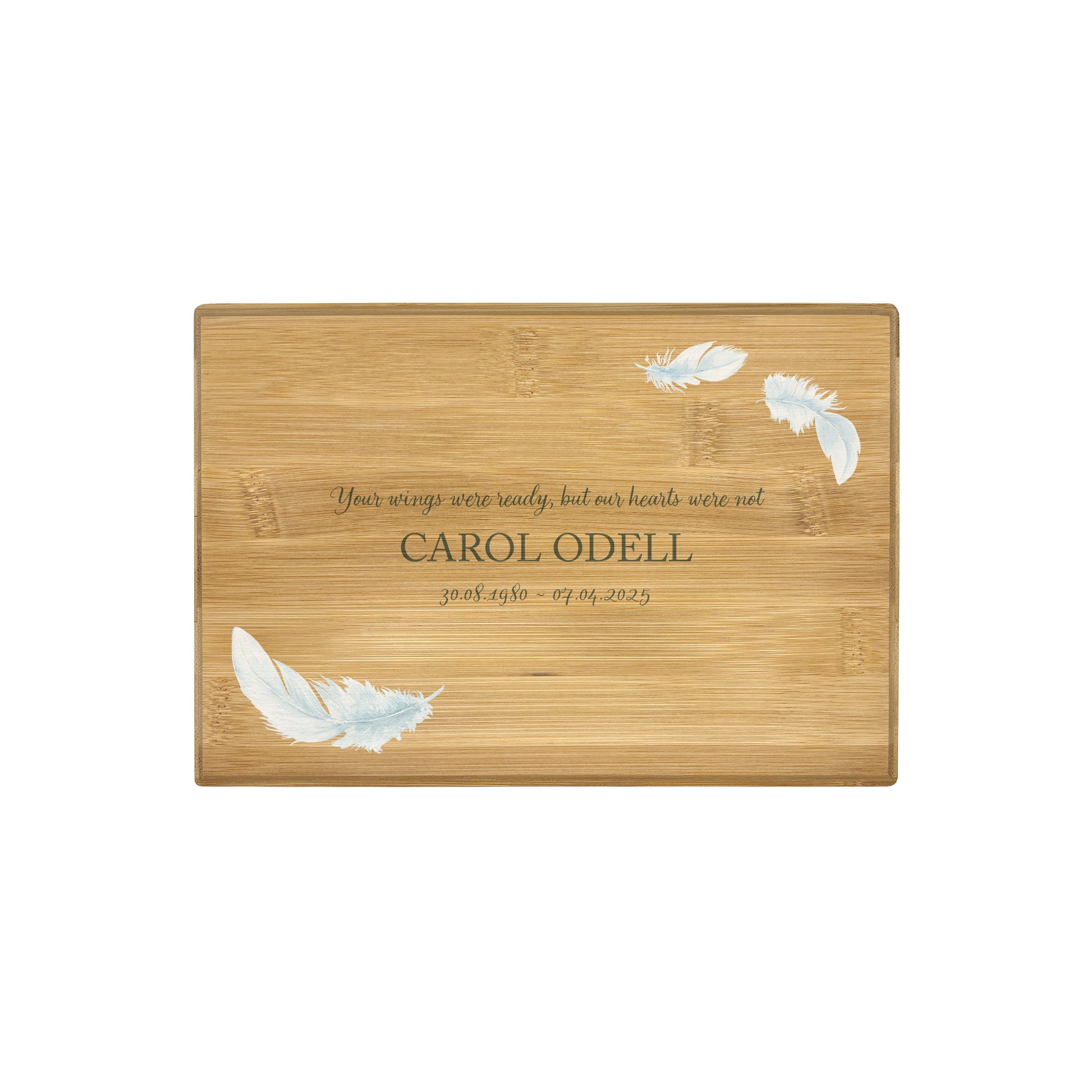 A beautifully crafted solid Bamboo wooden urn, personalised and finished with a soft watercolour Feather design, Thoughtfully made for either display or burial, this personalised urn can be customised to create a meaningful memorial. Perfect for holding ashes of a loved one or a beloved pet, it serves as a comforting tribute and keepsake.