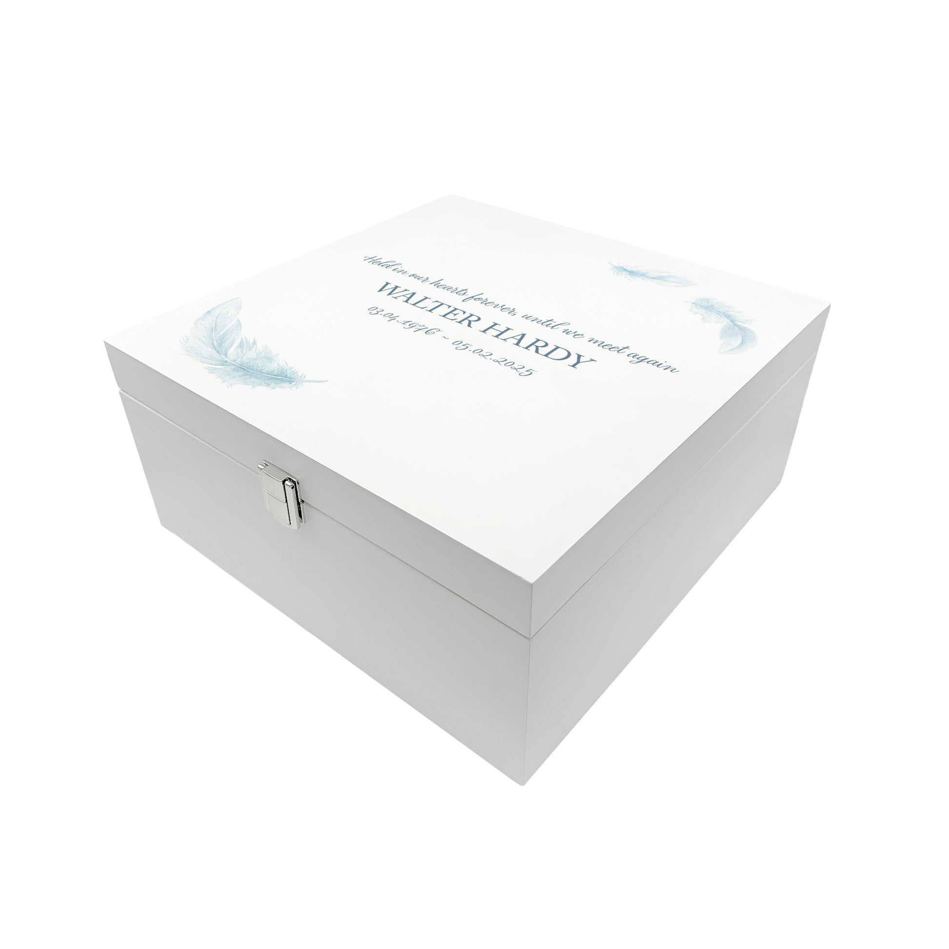 White Square personalised Wooden box with a decorative lid featuring illustrations of floating Feathers, Perfect funeral memory keepsake box, for storing ashes, order of service, flowers and capturing your loved ones things in one place.