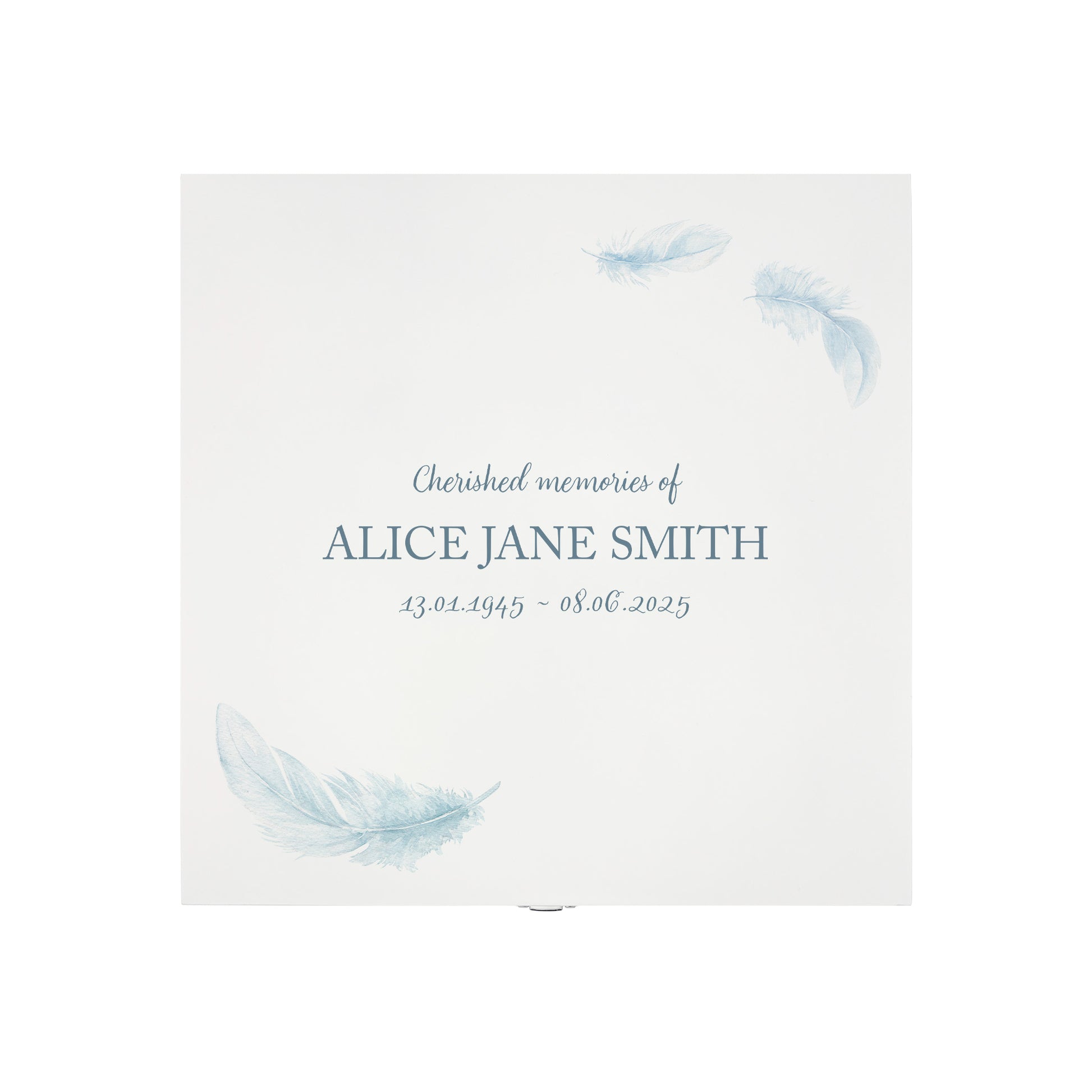 White Square personalised Wooden box with a decorative lid featuring illustrations of floating Feathers, Perfect funeral memory keepsake box, for storing ashes, order of service, flowers and capturing your loved ones things in one place.
