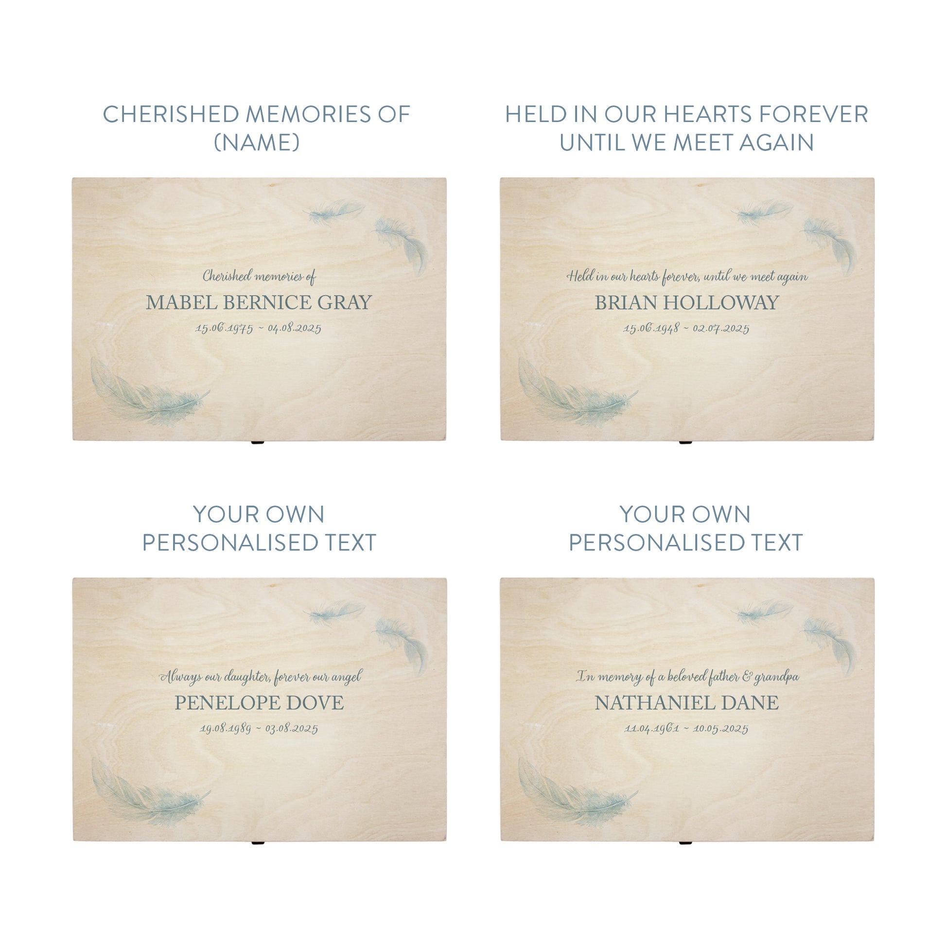 Wooden box with a decorative lid featuring illustrations of a Floating Feathers Perfect funeral memory keepsake box, for storing ashes, order of service, flowers. capturing your loved ones favourite hobby