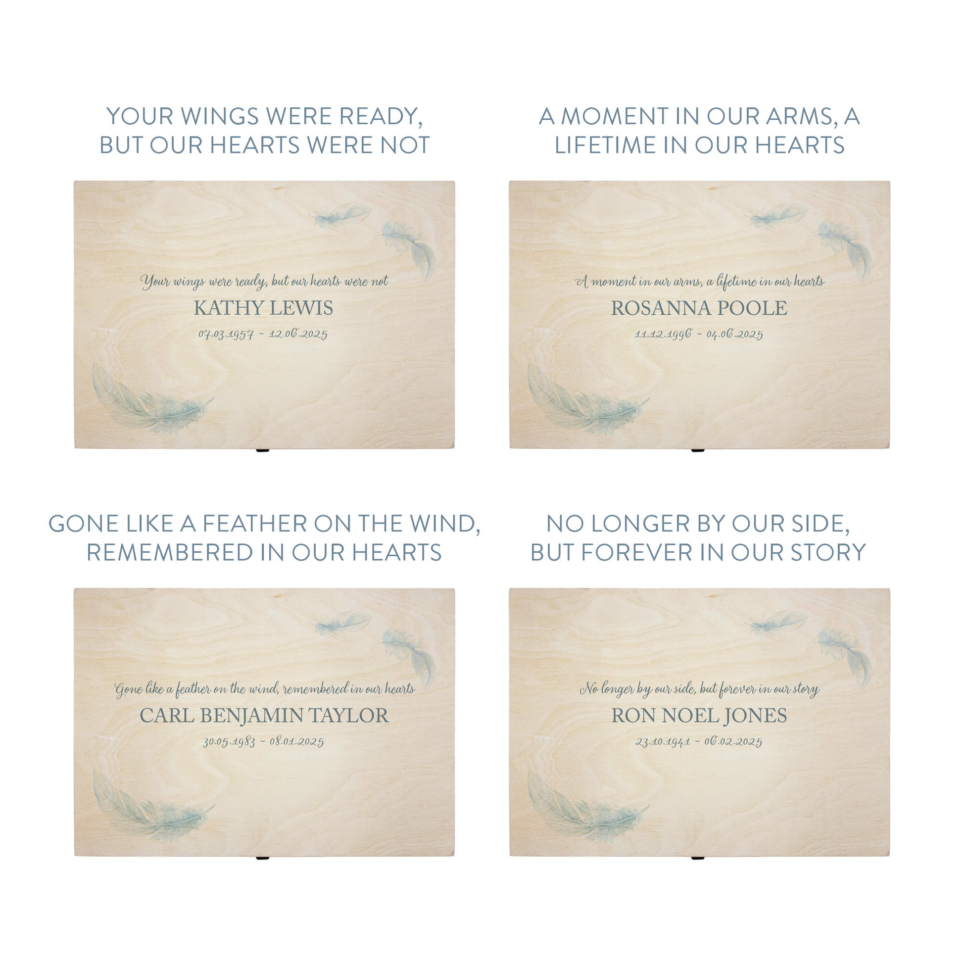 Wooden box with a decorative lid featuring illustrations of a Floating Feathers Perfect funeral memory keepsake box, for storing ashes, order of service, flowers. capturing your loved ones favourite hobby