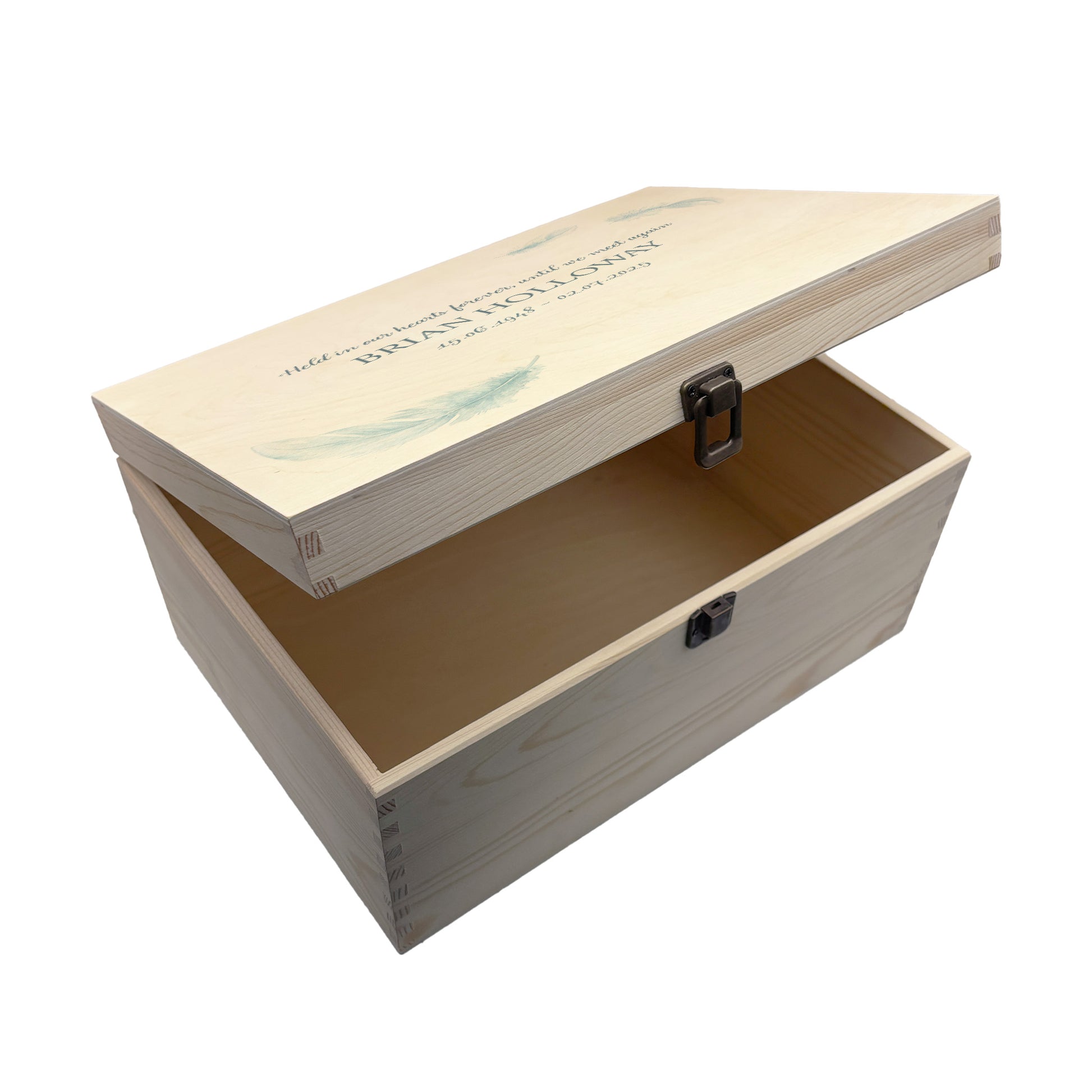 Wooden box with a decorative lid featuring illustrations of a Floating Feathers Perfect funeral memory keepsake box, for storing ashes, order of service, flowers. capturing your loved ones favourite hobby
