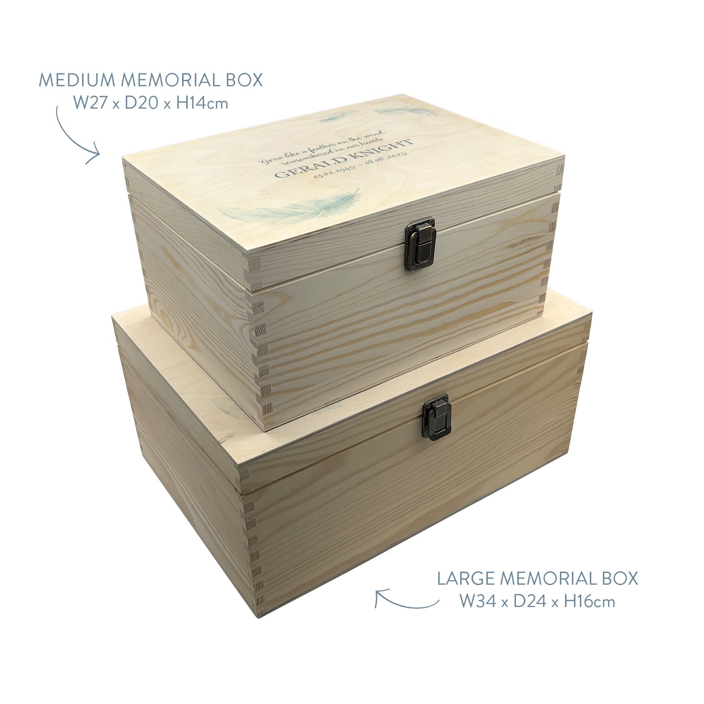 Wooden box with a decorative lid featuring illustrations of a Floating Feathers Perfect funeral memory keepsake box, for storing ashes, order of service, flowers. capturing your loved ones favourite hobby