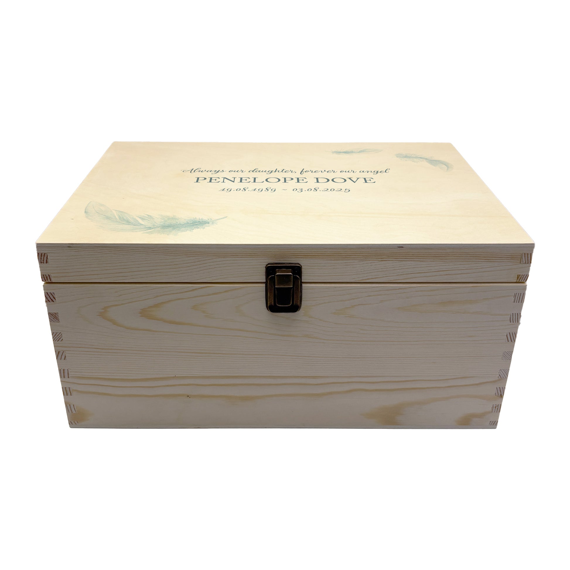 Wooden box with a decorative lid featuring illustrations of a Floating Feathers Perfect funeral memory keepsake box, for storing ashes, order of service, flowers. capturing your loved ones favourite hobby