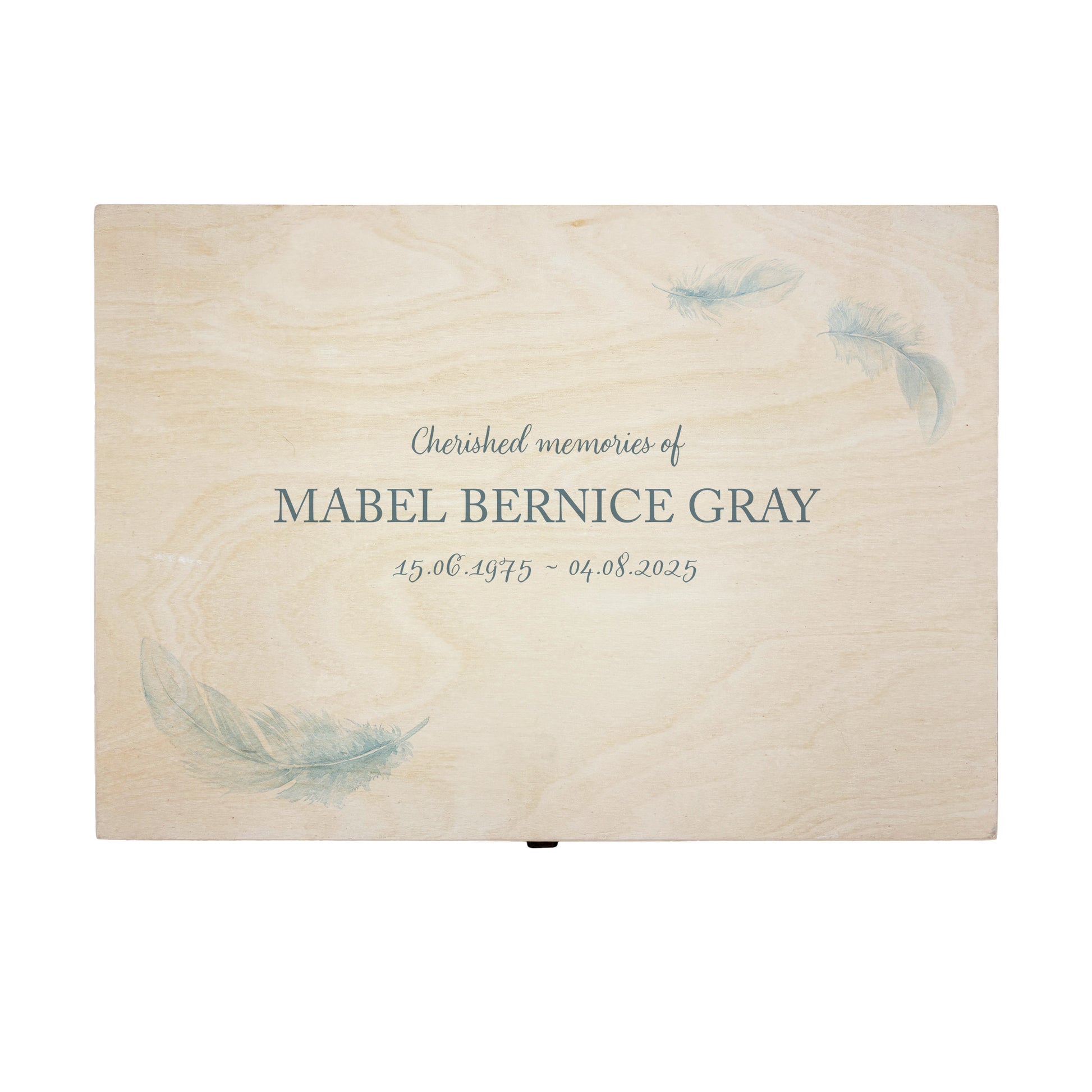 Wooden box with a decorative lid featuring illustrations of a Floating Feathers Perfect funeral memory keepsake box, for storing ashes, order of service, flowers. capturing your loved ones favourite hobby