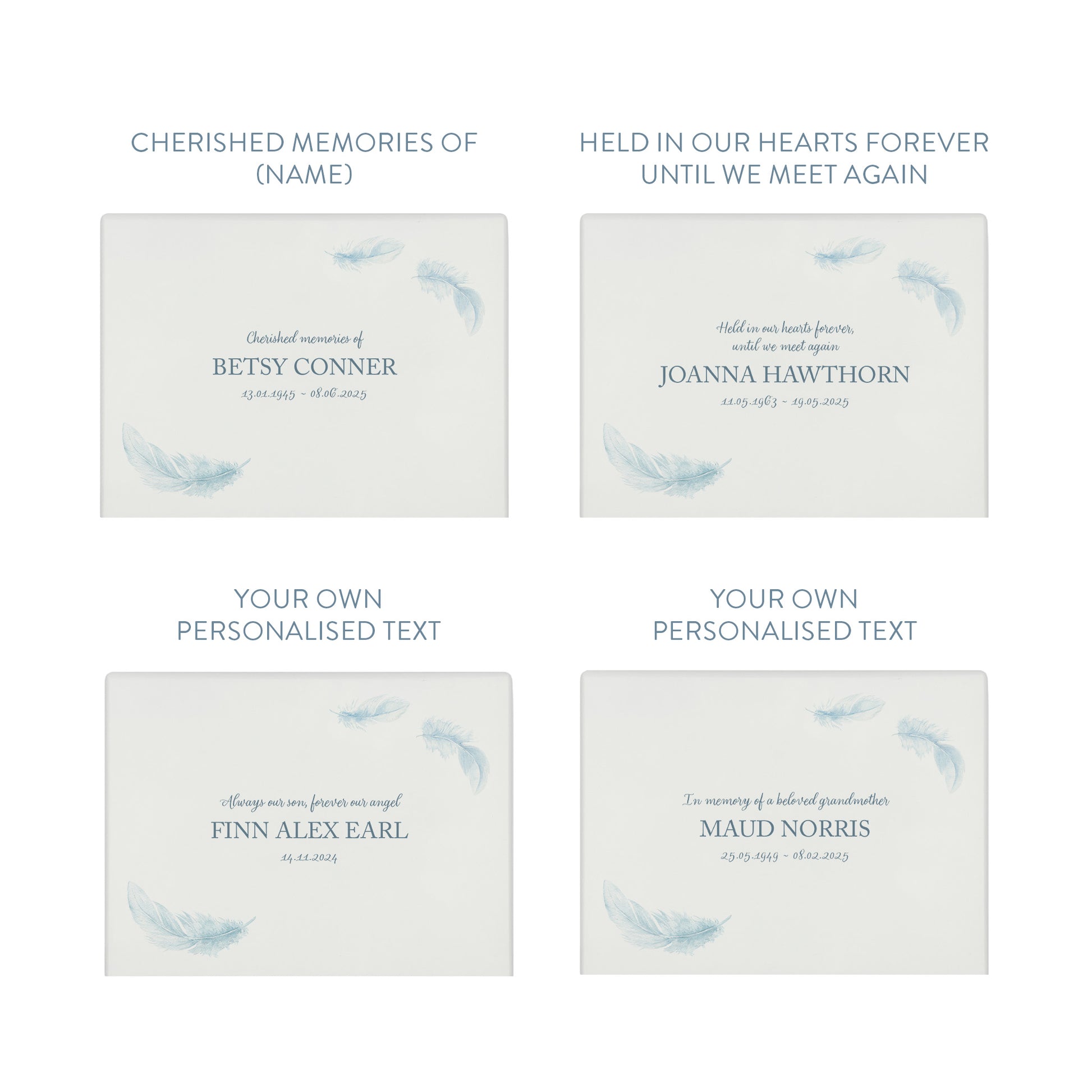 A beautifully crafted solid wooden urn, finished in white with a soft watercolour design of floating Feathers, Thoughtfully made for either display or burial, this personalised urn can be customised to create a meaningful memorial. Perfect for holding ashes of a loved one or a beloved pet, it serves as a comforting tribute and keepsake.