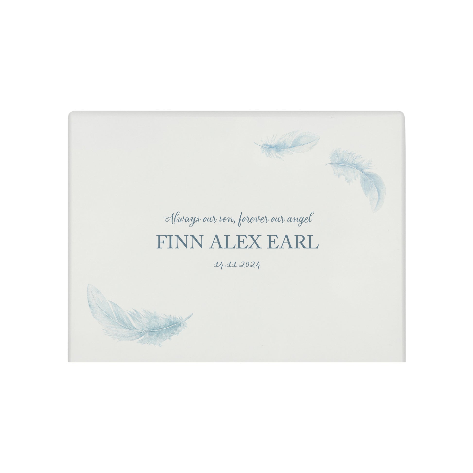 A beautifully crafted solid wooden urn, finished in white with a soft watercolour design of floating Feathers, Thoughtfully made for either display or burial, this personalised urn can be customised to create a meaningful memorial. Perfect for holding ashes of a loved one or a beloved pet, it serves as a comforting tribute and keepsake.