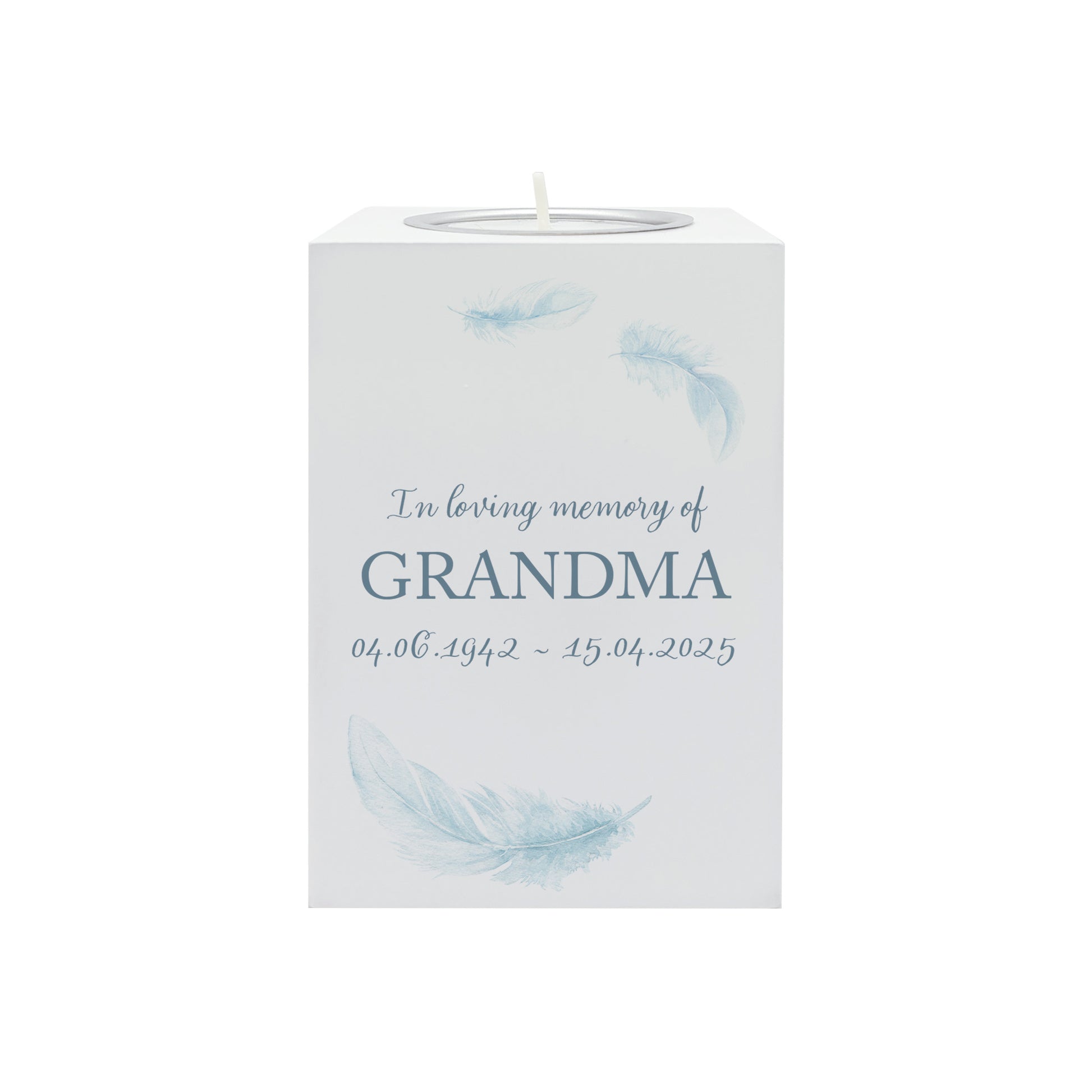 wooden cuboid luxury tealight holder with gorgeous personalised options . Each product is lovingly designed, handmade with our Countryside inspired watercolour designs. This design features a Feathers, unique designs to remember a loved on, great for memorial occasions