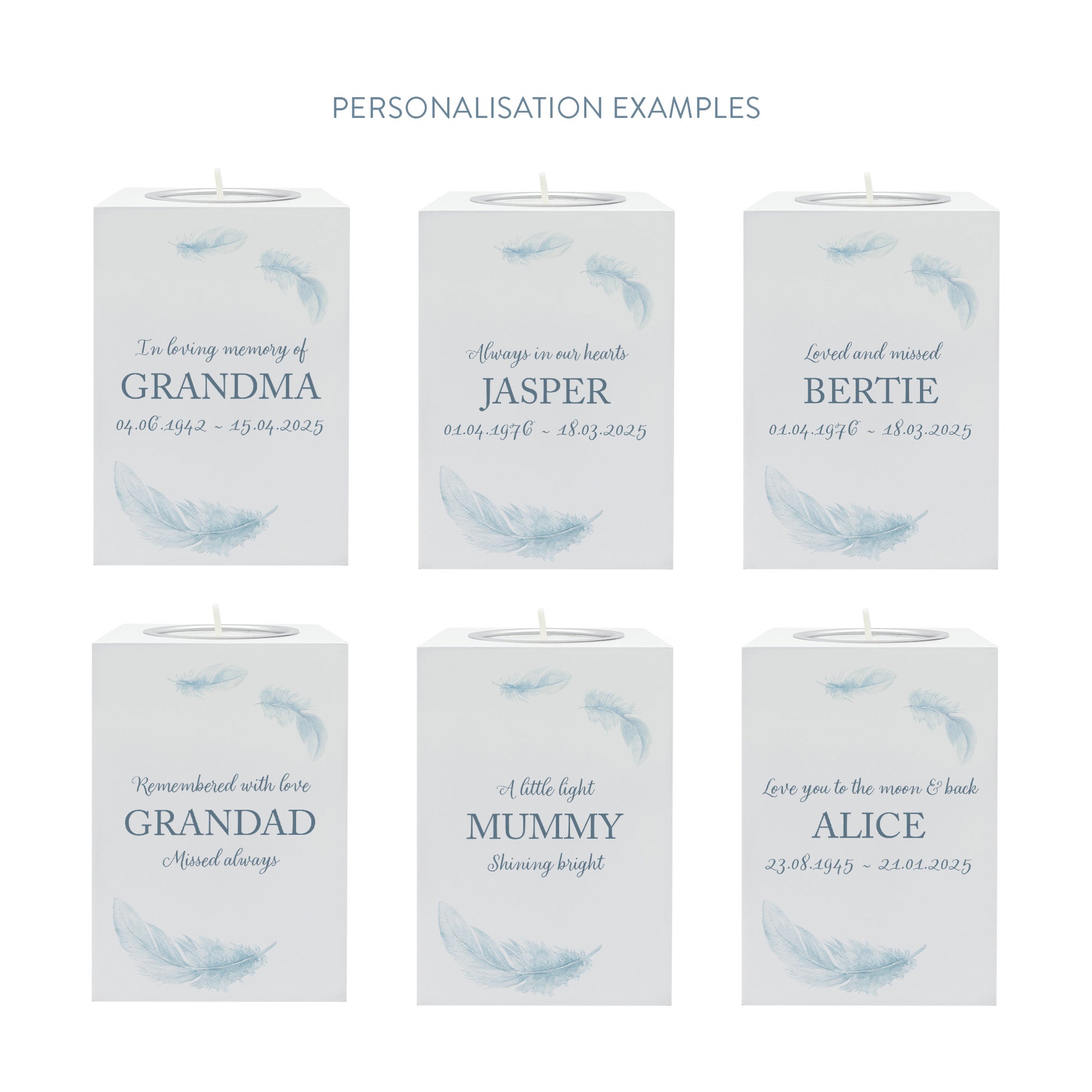 wooden cuboid luxury tealight holder with gorgeous personalised options . Each product is lovingly designed, handmade with our Countryside inspired watercolour designs. This design features a Feathers, unique designs to remember a loved on, great for memorial occasions