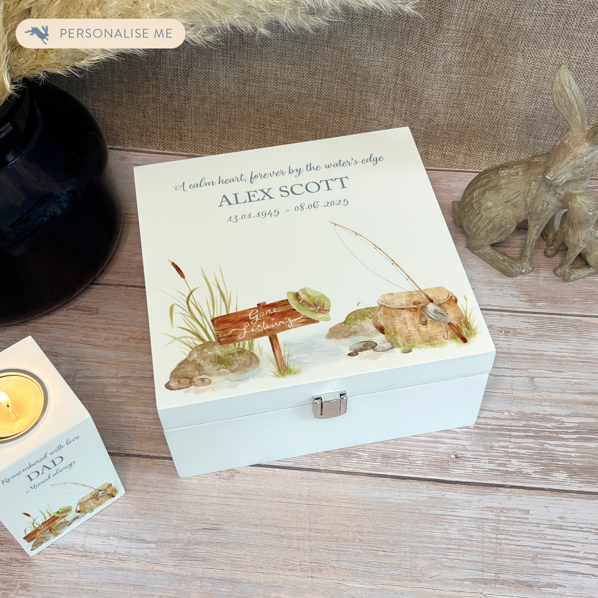 White Square personalised Wooden box with a decorative lid featuring illustrations Gone Fishing Perfect funeral memory keepsake box, for storing ashes, order of service, flowers and capturing your loved ones things in one place. Available in red, blue, yellow and green