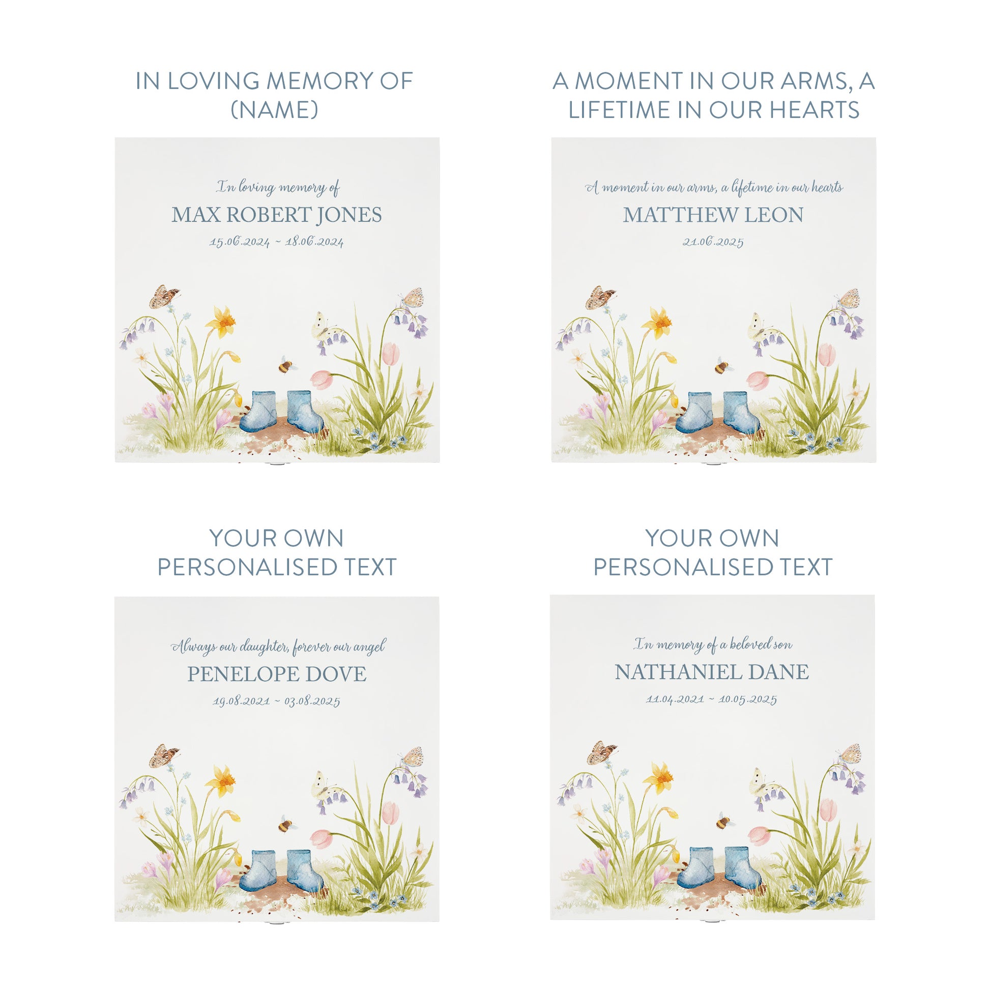 White Square personalised Wooden box with a decorative lid featuring illustrations flowers with children's wellies Perfect funeral memory keepsake box, for storing ashes, order of service, flowers and capturing your loved ones things in one place. Available in red, blue, yellow and green