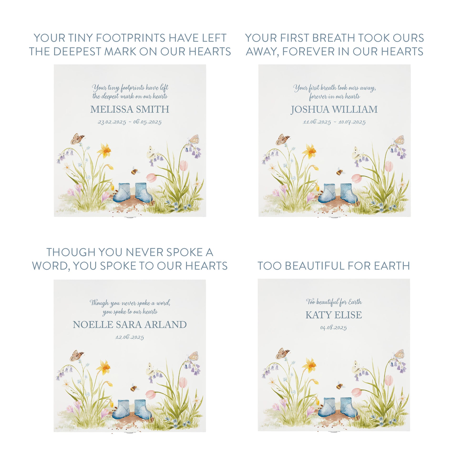 White Square personalised Wooden box with a decorative lid featuring illustrations flowers with children's wellies Perfect funeral memory keepsake box, for storing ashes, order of service, flowers and capturing your loved ones things in one place. Available in red, blue, yellow and green