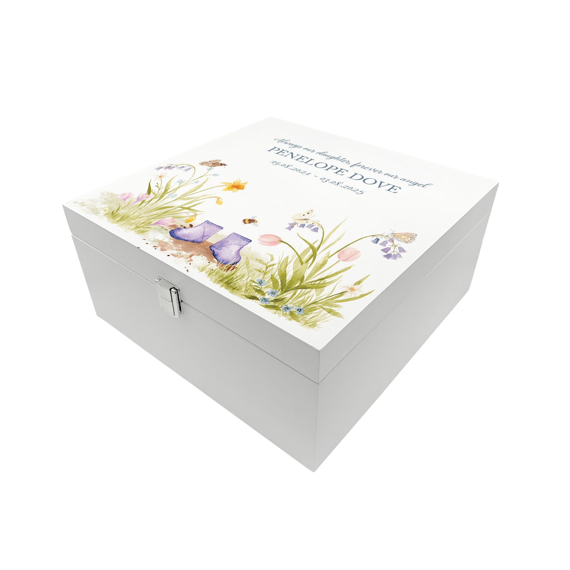White Square personalised Wooden box with a decorative lid featuring illustrations flowers with children's wellies Perfect funeral memory keepsake box, for storing ashes, order of service, flowers and capturing your loved ones things in one place. Available in red, blue, yellow and green