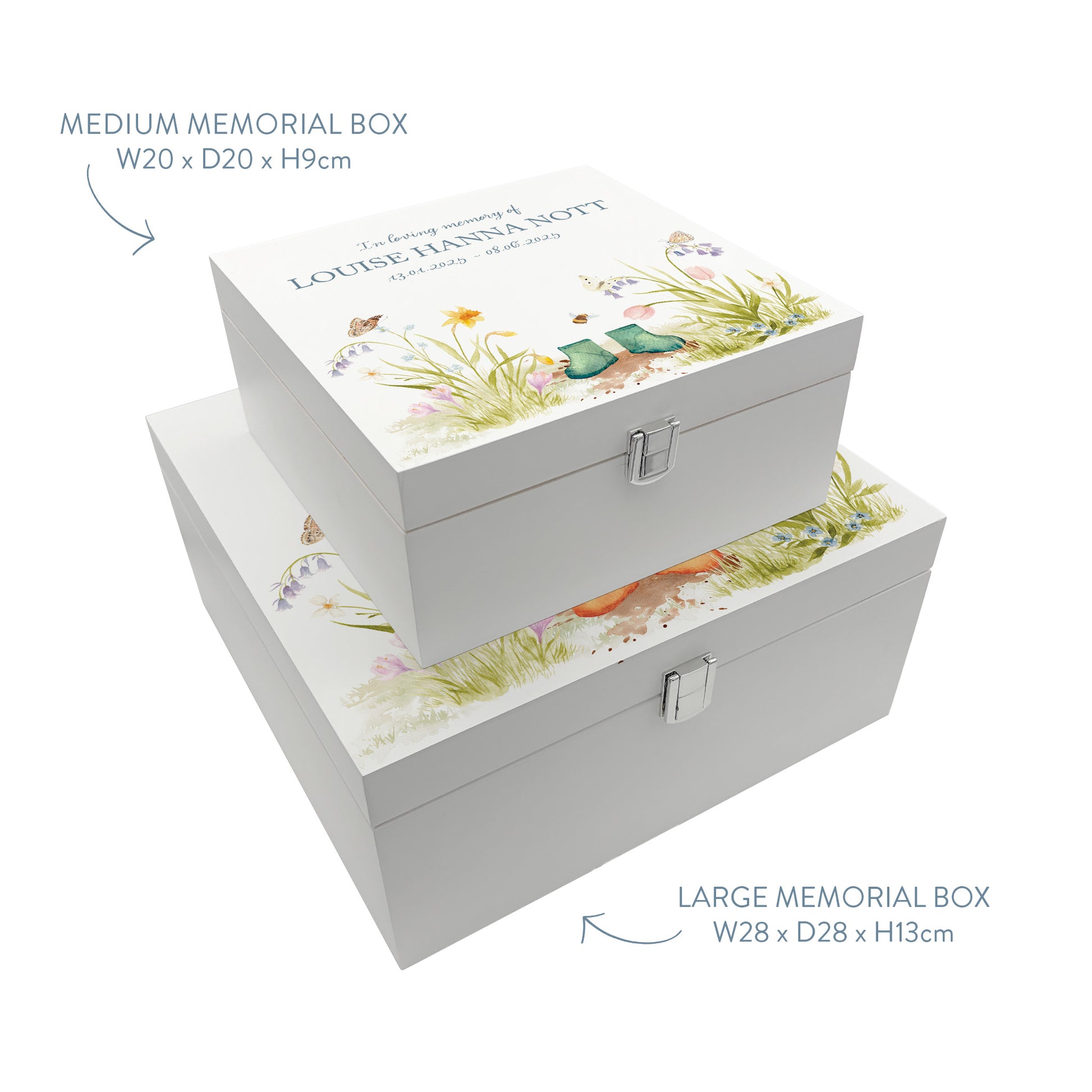 White Square personalised Wooden box with a decorative lid featuring illustrations flowers with children's wellies Perfect funeral memory keepsake box, for storing ashes, order of service, flowers and capturing your loved ones things in one place. Available in red, blue, yellow and green