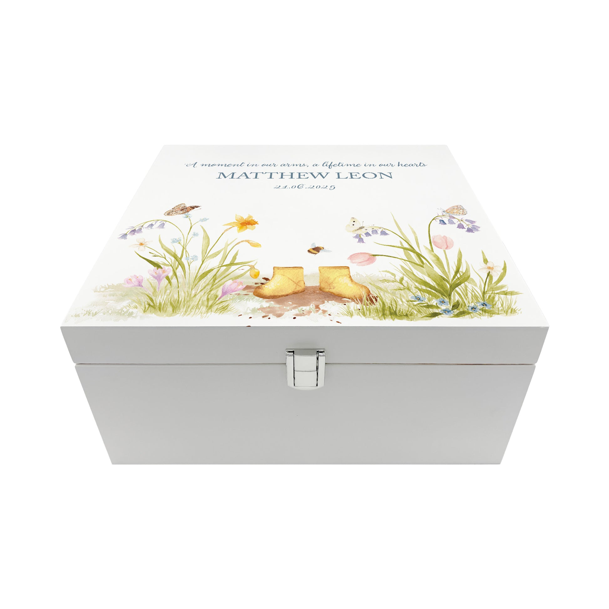 White Square personalised Wooden box with a decorative lid featuring illustrations flowers with children's wellies Perfect funeral memory keepsake box, for storing ashes, order of service, flowers and capturing your loved ones things in one place. Available in red, blue, yellow and green