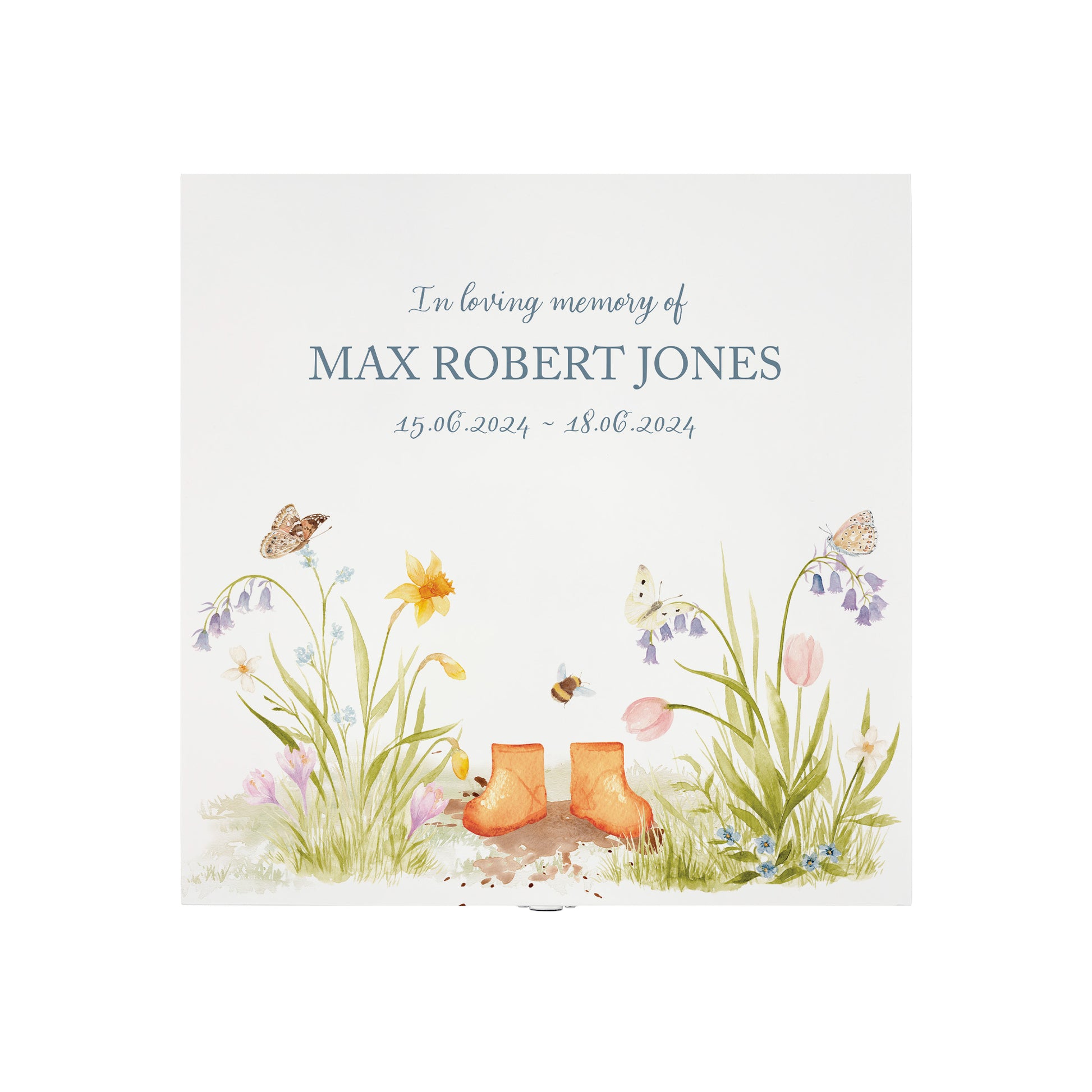 White Square personalised Wooden box with a decorative lid featuring illustrations flowers with children's wellies Perfect funeral memory keepsake box, for storing ashes, order of service, flowers and capturing your loved ones things in one place. Available in red, blue, yellow and green