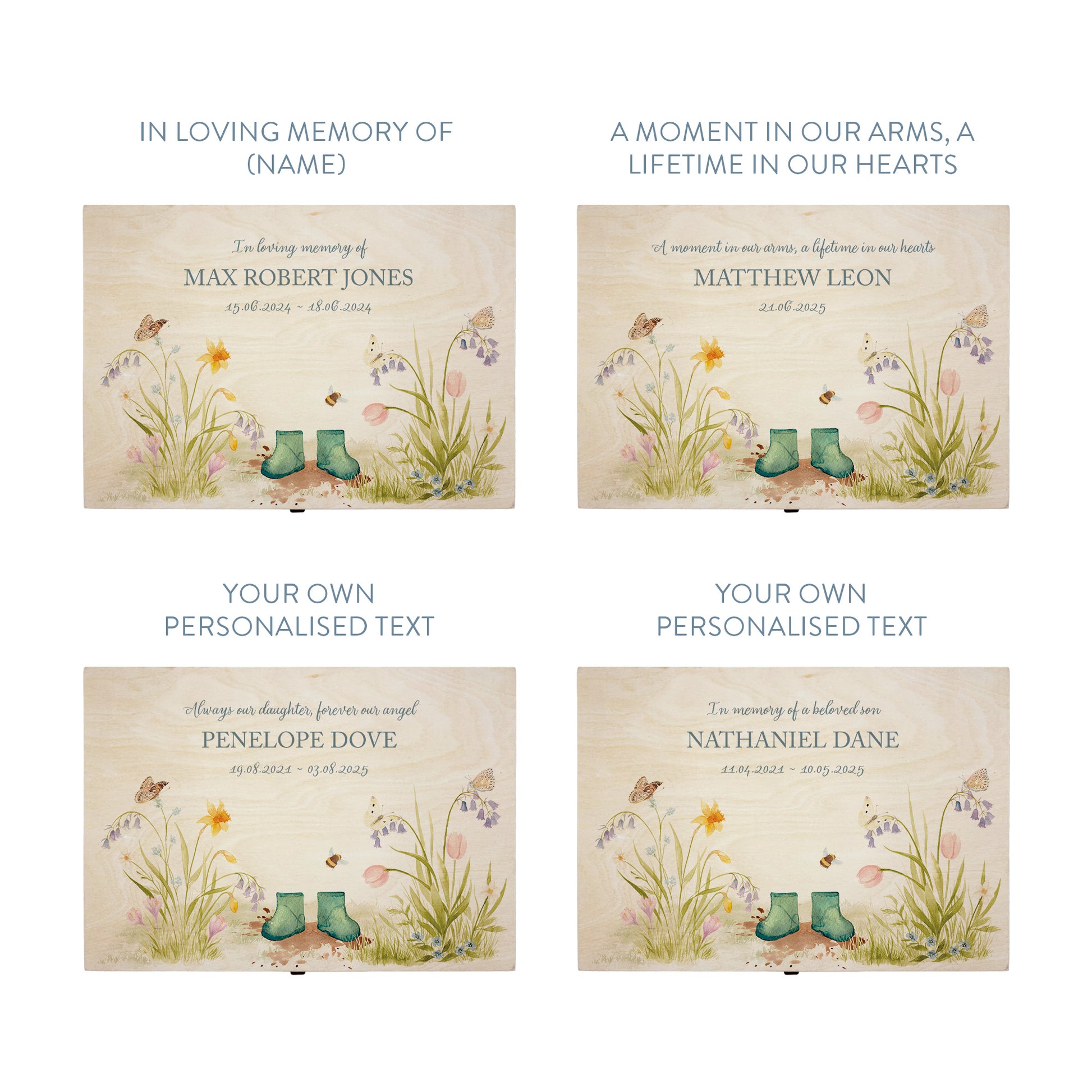 Wooden box with a decorative lid featuring illustrations of a Flower Garden with Children's welly boots. Perfect funeral memory keepsake box, for storing ashes, order of service, flowers