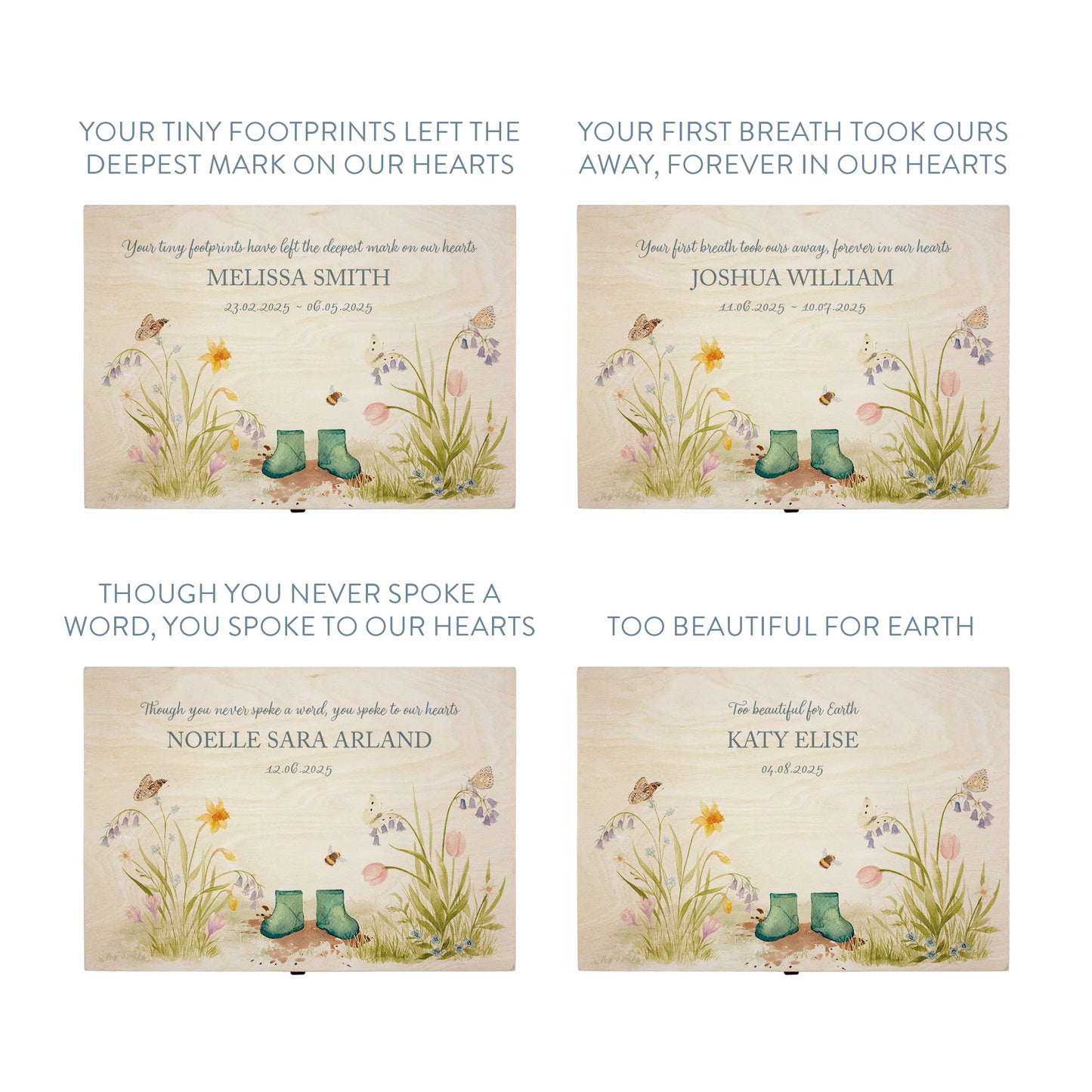 Wooden box with a decorative lid featuring illustrations of a Flower Garden with Children's welly boots. Perfect funeral memory keepsake box, for storing ashes, order of service, flowers