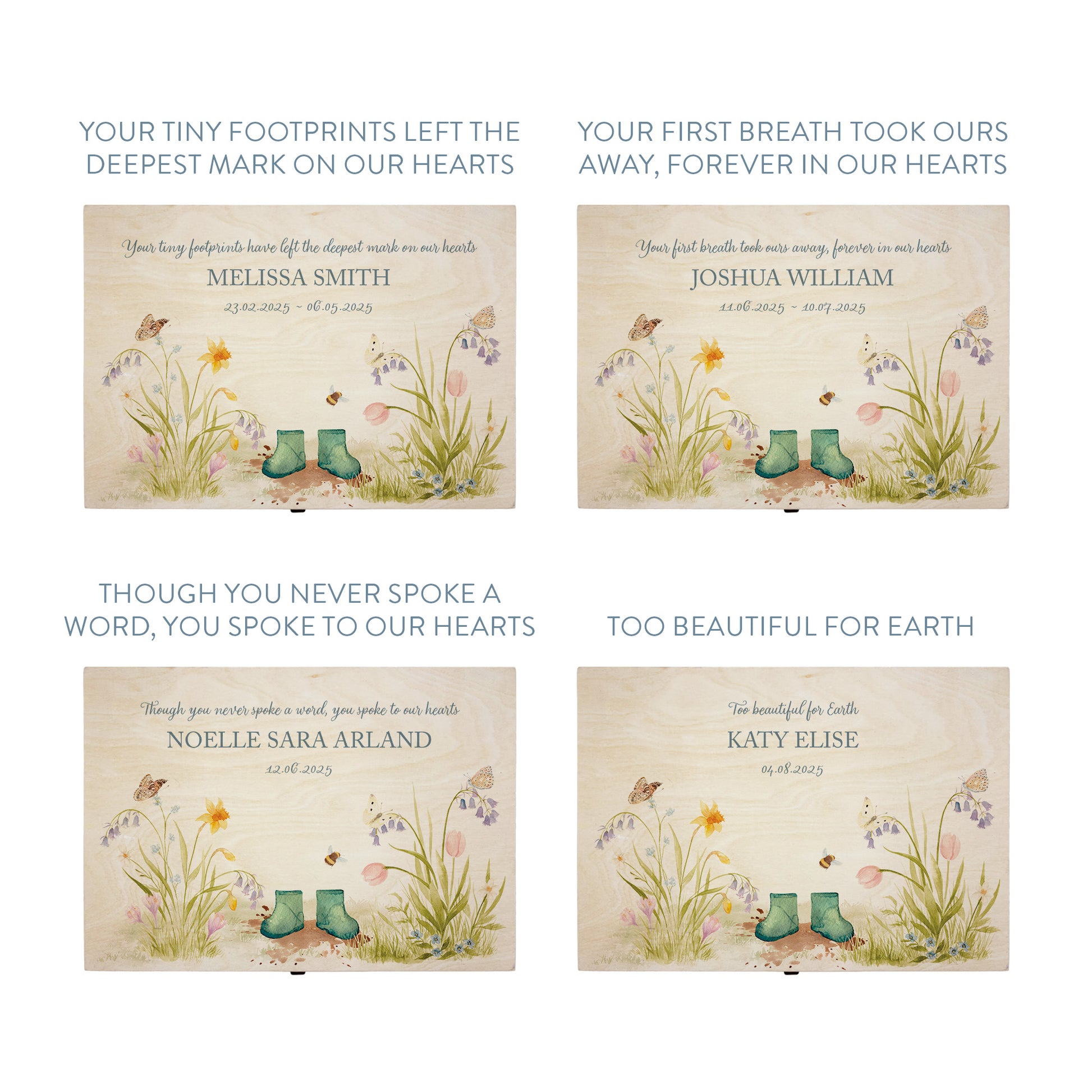 Wooden box with a decorative lid featuring illustrations of a Flower Garden with Children's welly boots. Perfect funeral memory keepsake box, for storing ashes, order of service, flowers