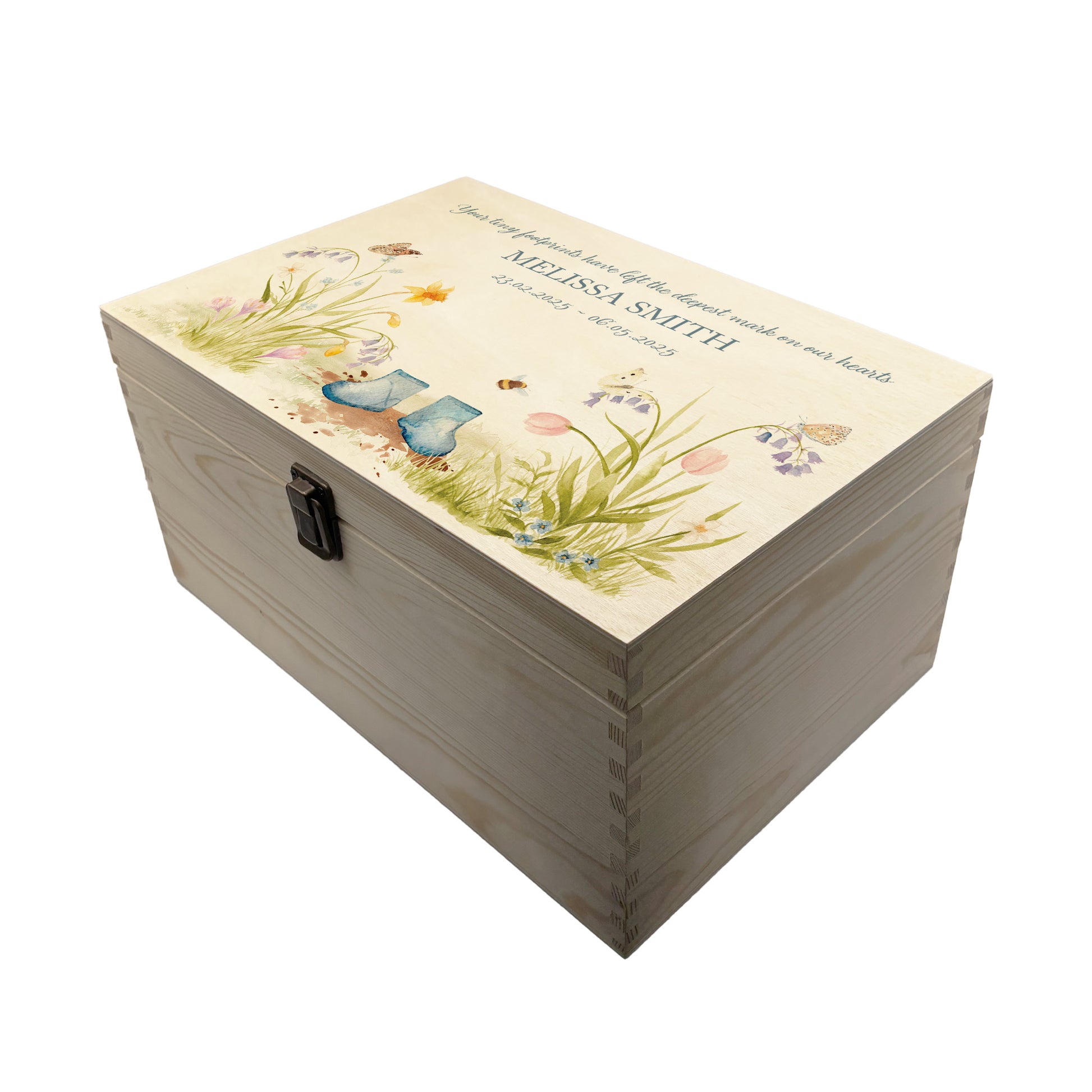 Wooden box with a decorative lid featuring illustrations of a Flower Garden with Children's welly boots. Perfect funeral memory keepsake box, for storing ashes, order of service, flowers