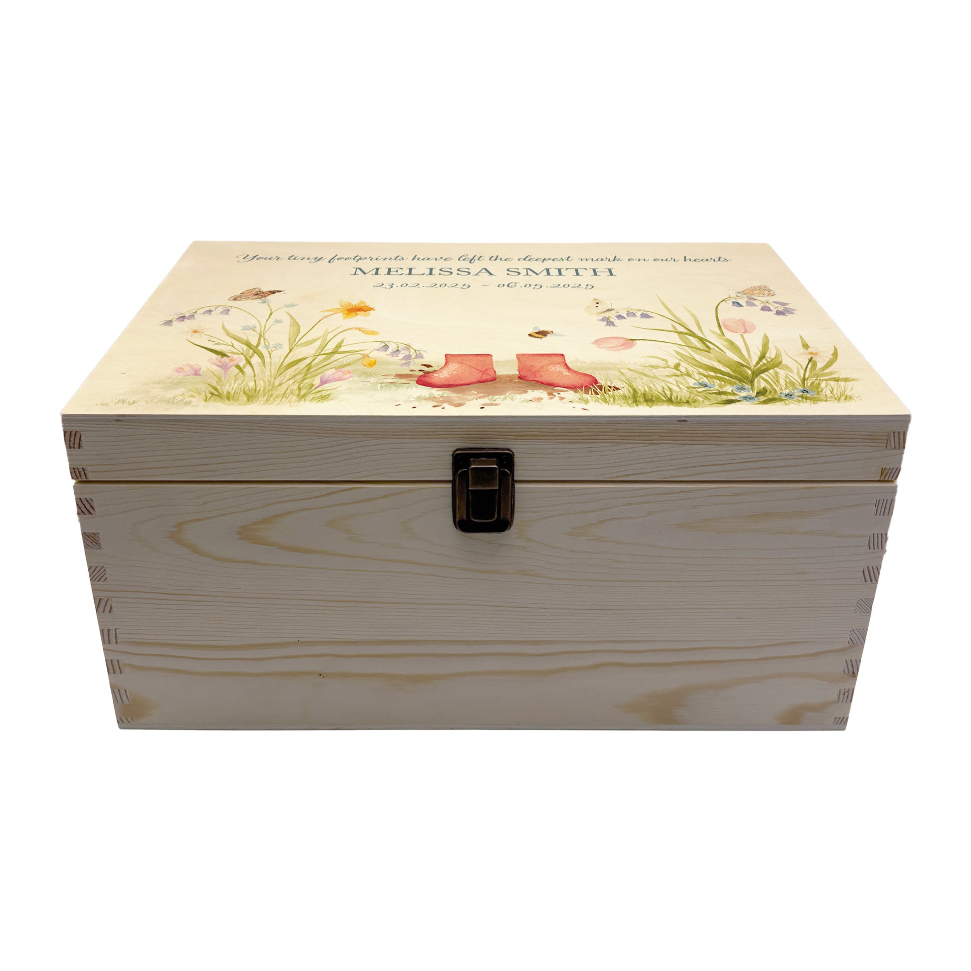 Wooden box with a decorative lid featuring illustrations of a Flower Garden with Children's welly boots. Perfect funeral memory keepsake box, for storing ashes, order of service, flowers