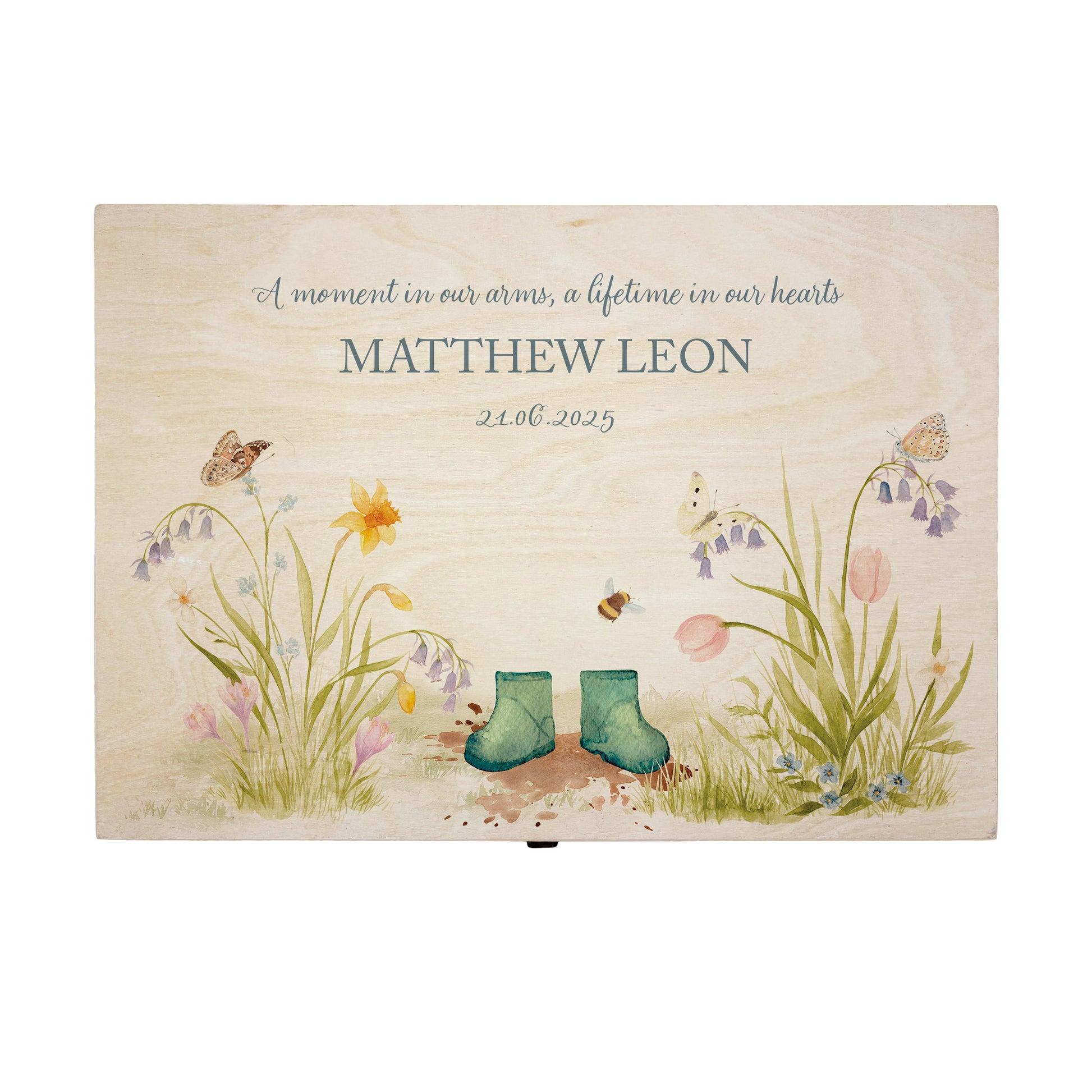 Wooden box with a decorative lid featuring illustrations of a Flower Garden with Children's welly boots. Perfect funeral memory keepsake box, for storing ashes, order of service, flowers