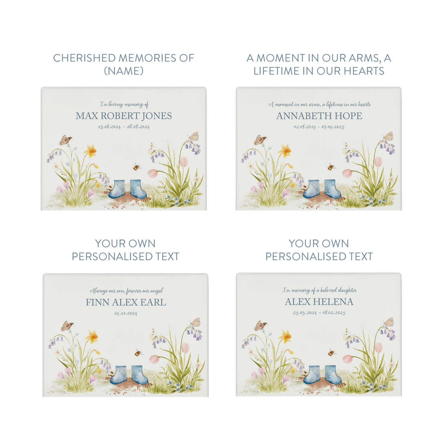 Luxury solid wooden white painted Flower Garden with children's wellies in several colour options on Branches watercolour illustration our urns and Caskets for displaying or burying ashes. Customisable and can be personalised. Perfect funeral memory keepsake urn, for storing ashes for humans and pets coping with baby loss
