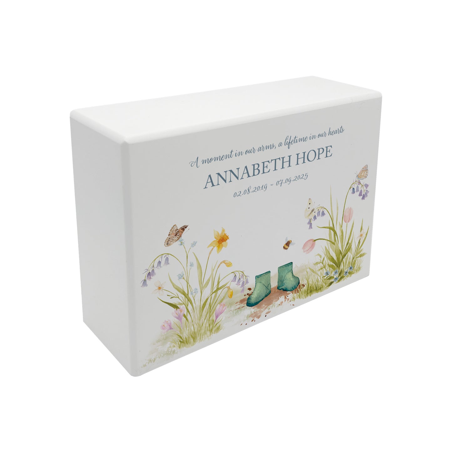 Luxury solid wooden white painted Flower Garden with children's wellies in several colour options on Branches watercolour illustration our urns and Caskets for displaying or burying ashes. Customisable and can be personalised. Perfect funeral memory keepsake urn, for storing ashes for humans and pets coping with baby loss
