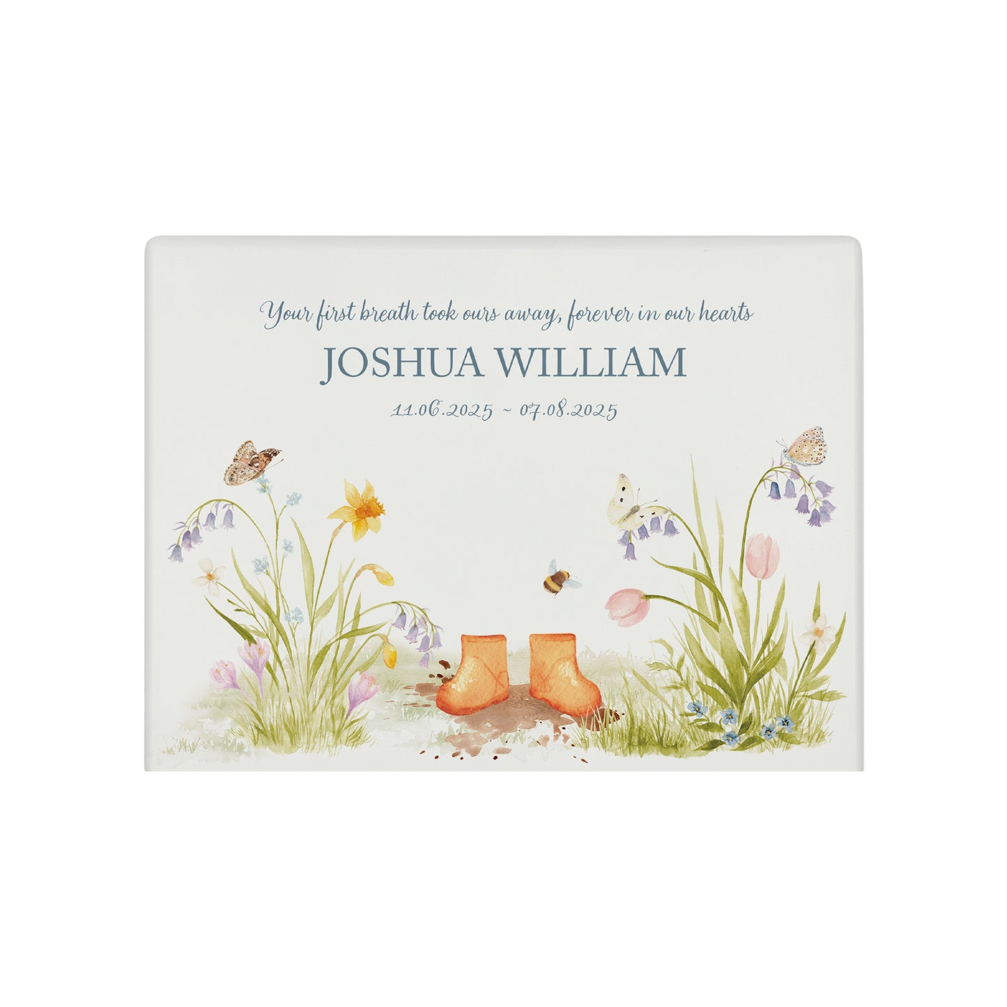 Luxury solid wooden white painted Flower Garden with children's wellies in several colour options on Branches watercolour illustration our urns and Caskets for displaying or burying ashes. Customisable and can be personalised. Perfect funeral memory keepsake urn, for storing ashes for humans and pets coping with baby loss