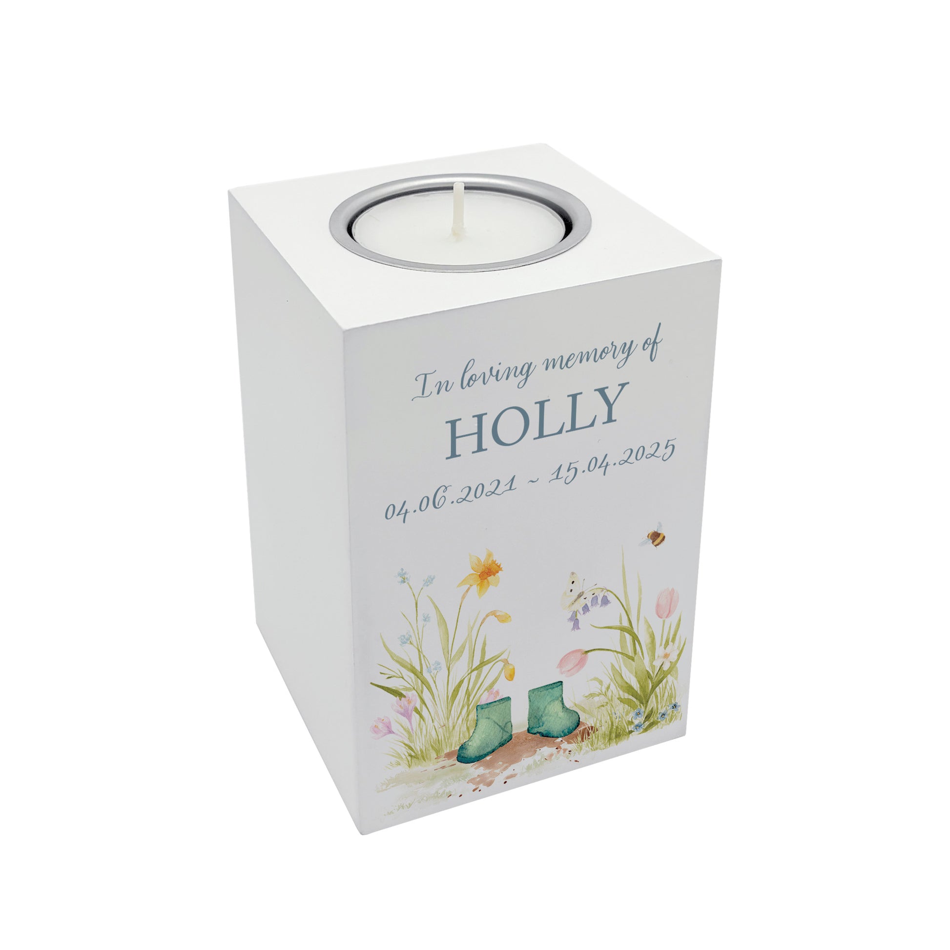 wooden cuboid luxury tealight holder with gorgeous personalised options . Each product is lovingly designed, handmade with our Countryside inspired watercolour designs. This design features Flower Garden with Children's wellies ,  unique designs to remember a loved on, great for memorial occasions. coping with baby loss memorial