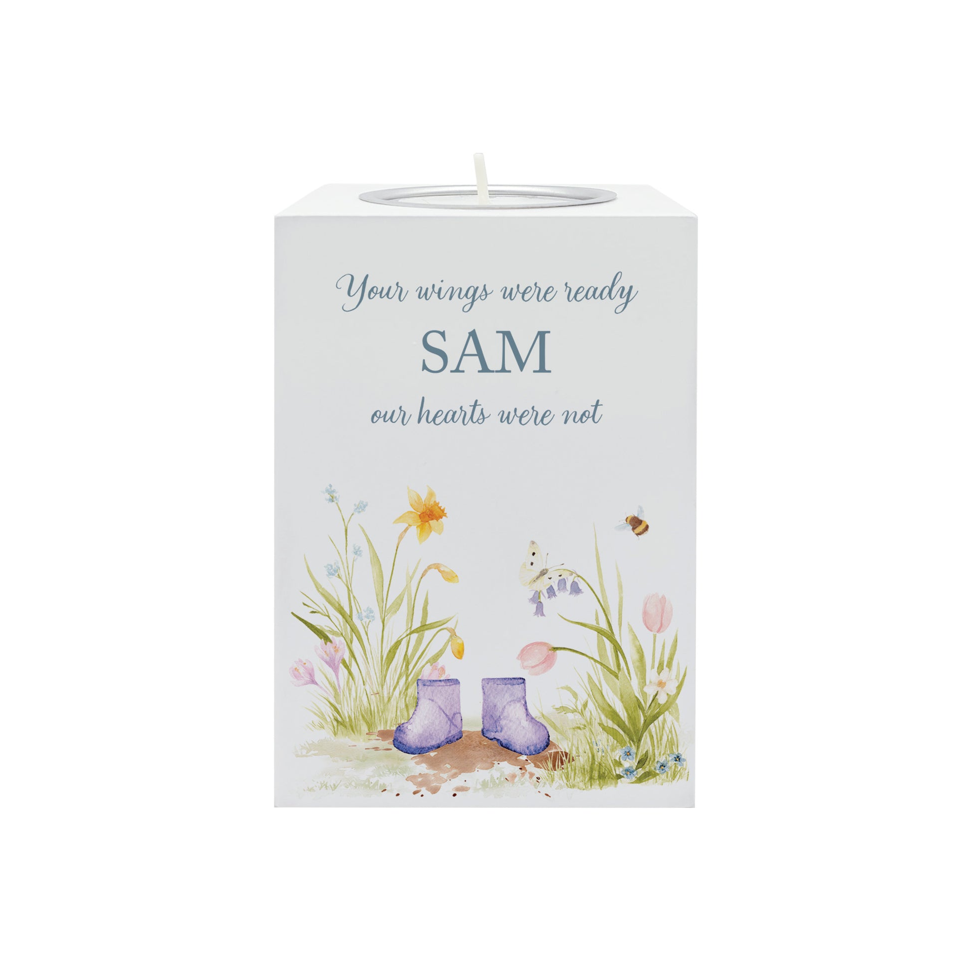 wooden cuboid luxury tealight holder with gorgeous personalised options . Each product is lovingly designed, handmade with our Countryside inspired watercolour designs. This design features Flower Garden with Children's wellies ,  unique designs to remember a loved on, great for memorial occasions. coping with baby loss memorial