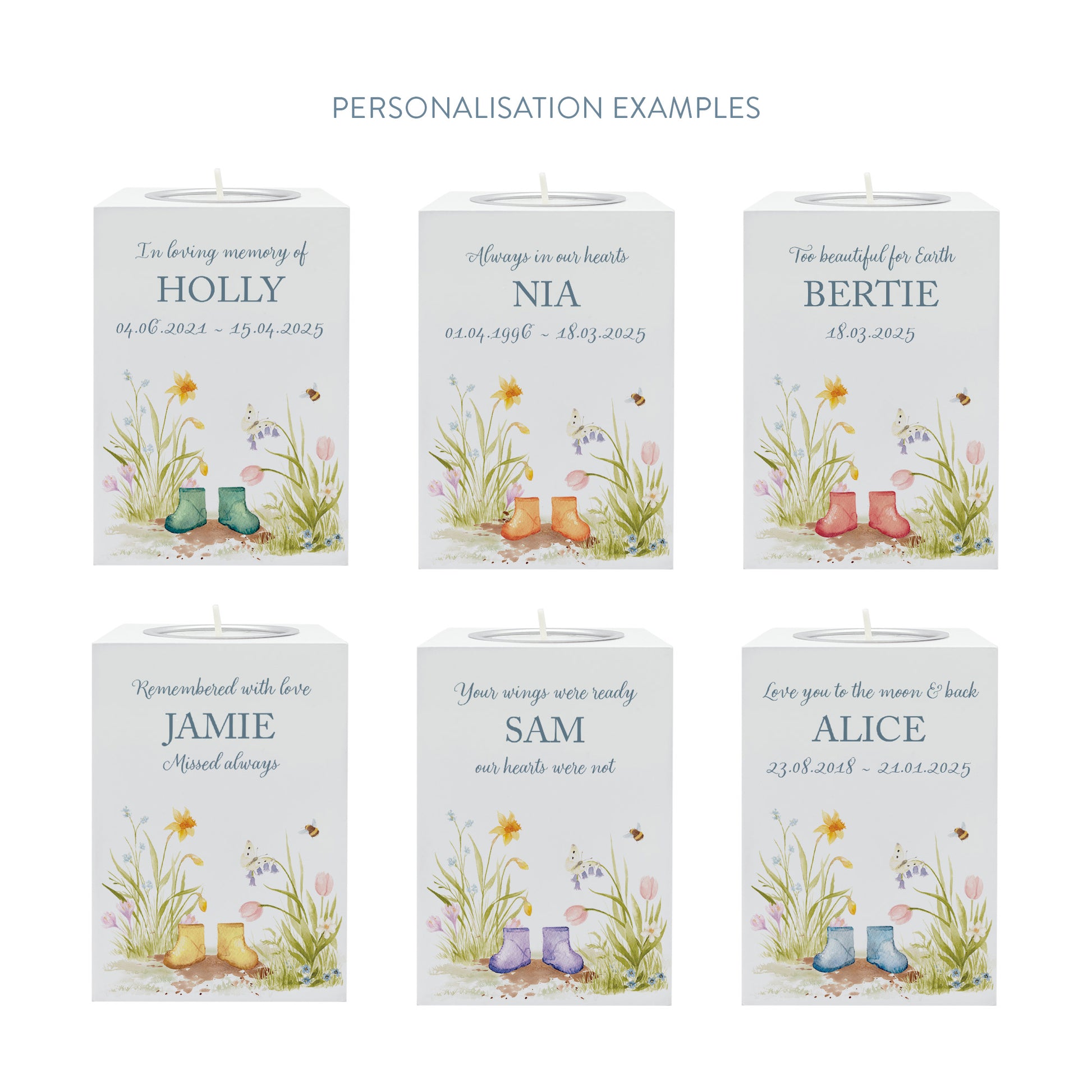 wooden cuboid luxury tealight holder with gorgeous personalised options . Each product is lovingly designed, handmade with our Countryside inspired watercolour designs. This design features Flower Garden with Children's wellies ,  unique designs to remember a loved on, great for memorial occasions. coping with baby loss memorial