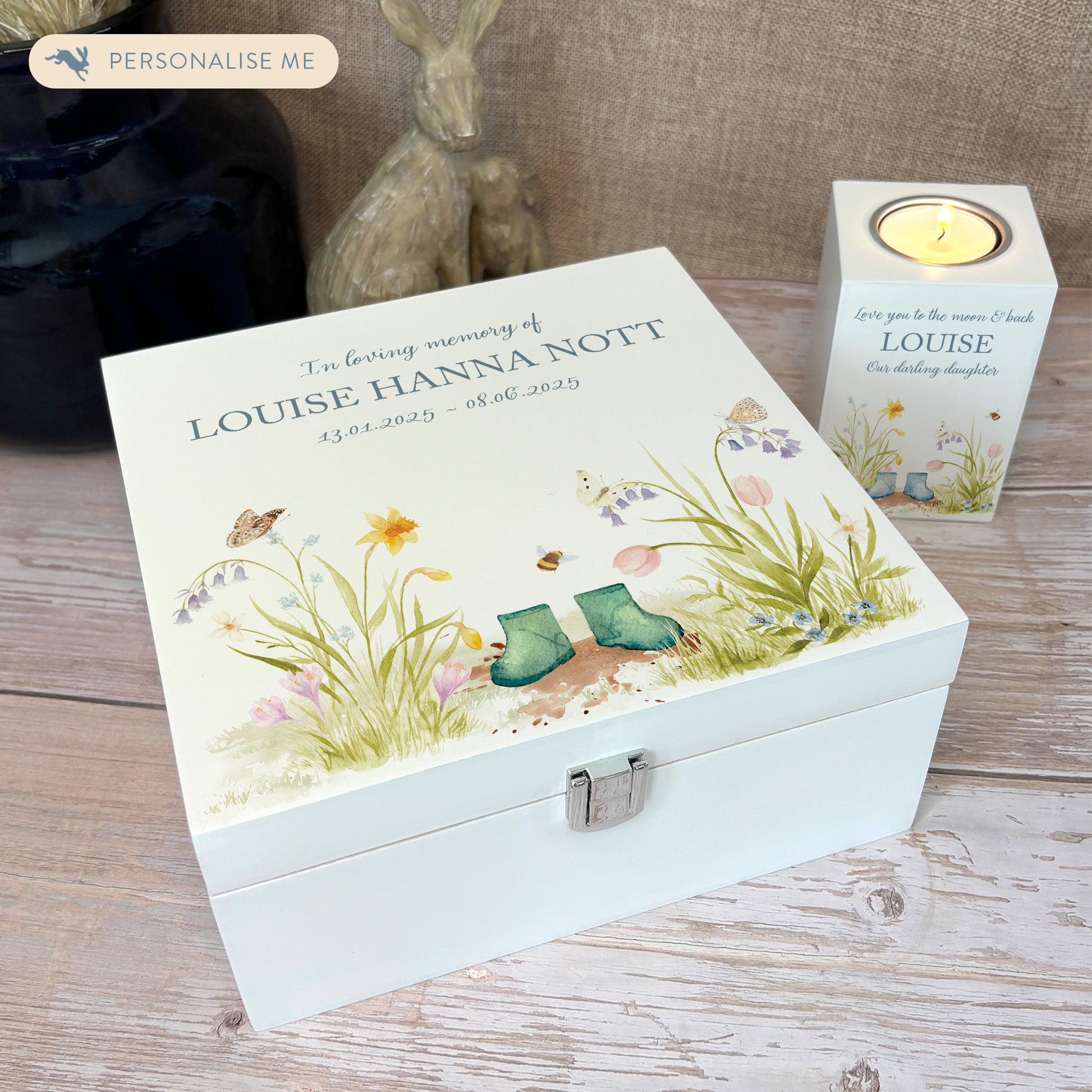 White Square personalised Wooden box with a decorative lid featuring illustrations flowers with children's wellies Perfect funeral memory keepsake box, for storing ashes, order of service, flowers and capturing your loved ones things in one place. Available in red, blue, yellow and green