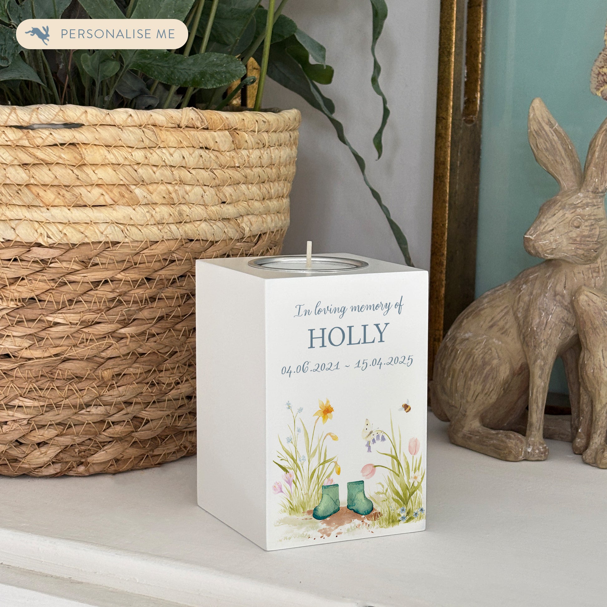 wooden cuboid luxury tealight holder with gorgeous personalised options . Each product is lovingly designed, handmade with our Countryside inspired watercolour designs. This design features Flower Garden with Children's wellies ,  unique designs to remember a loved on, great for memorial occasions. coping with baby loss memorial