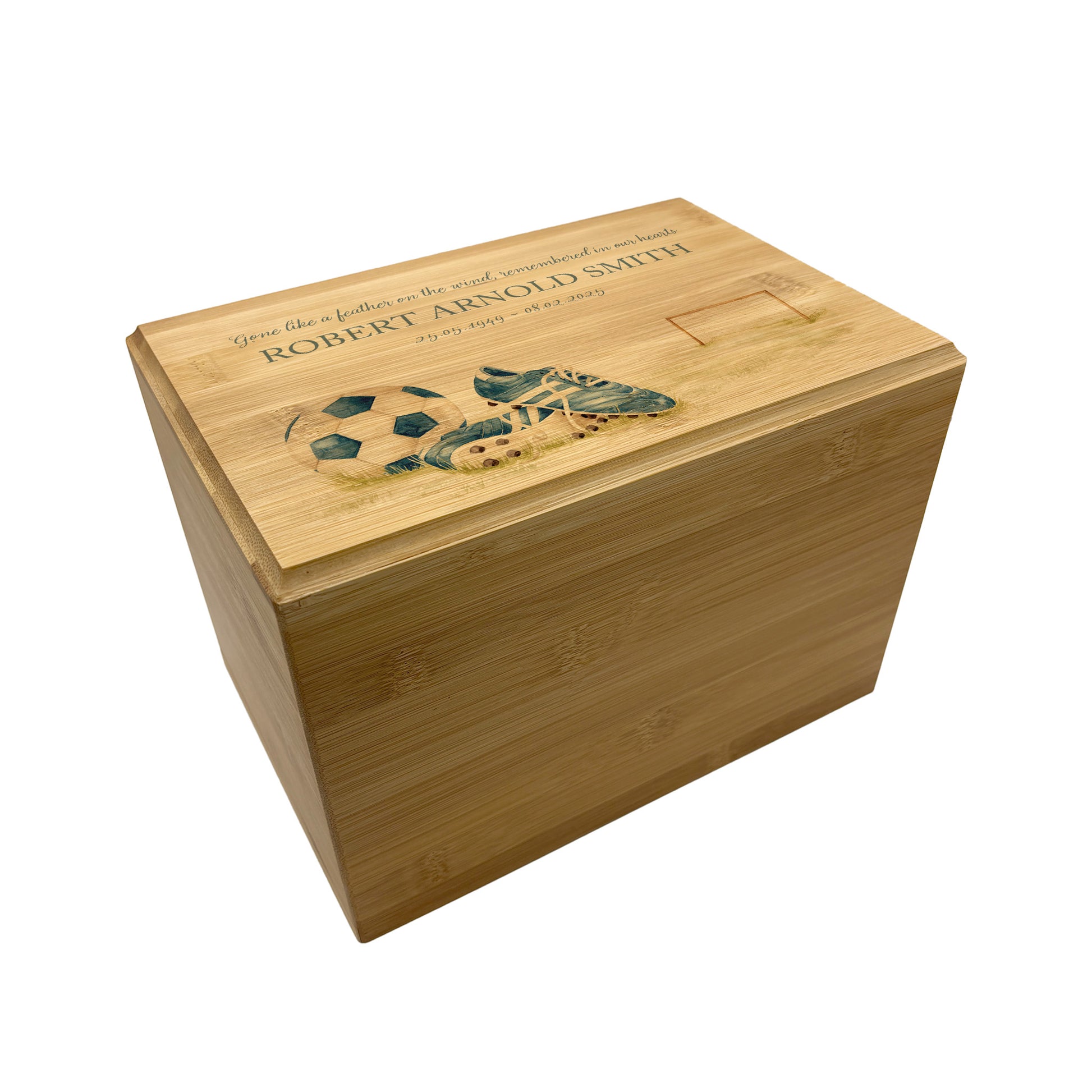 A beautifully crafted solid Bamboo wooden urn, personalised and finished with a soft watercolour design of Football boots, goal and ball. Perfect for the football lover- Great for Dad, Grandad, Brother, Son, Uncle.  Thoughtfully made for either display or burial, this personalised urn can be customised to create a meaningful memorial. Perfect for holding ashes of a loved one or a beloved pet, it serves as a comforting tribute and keepsake.