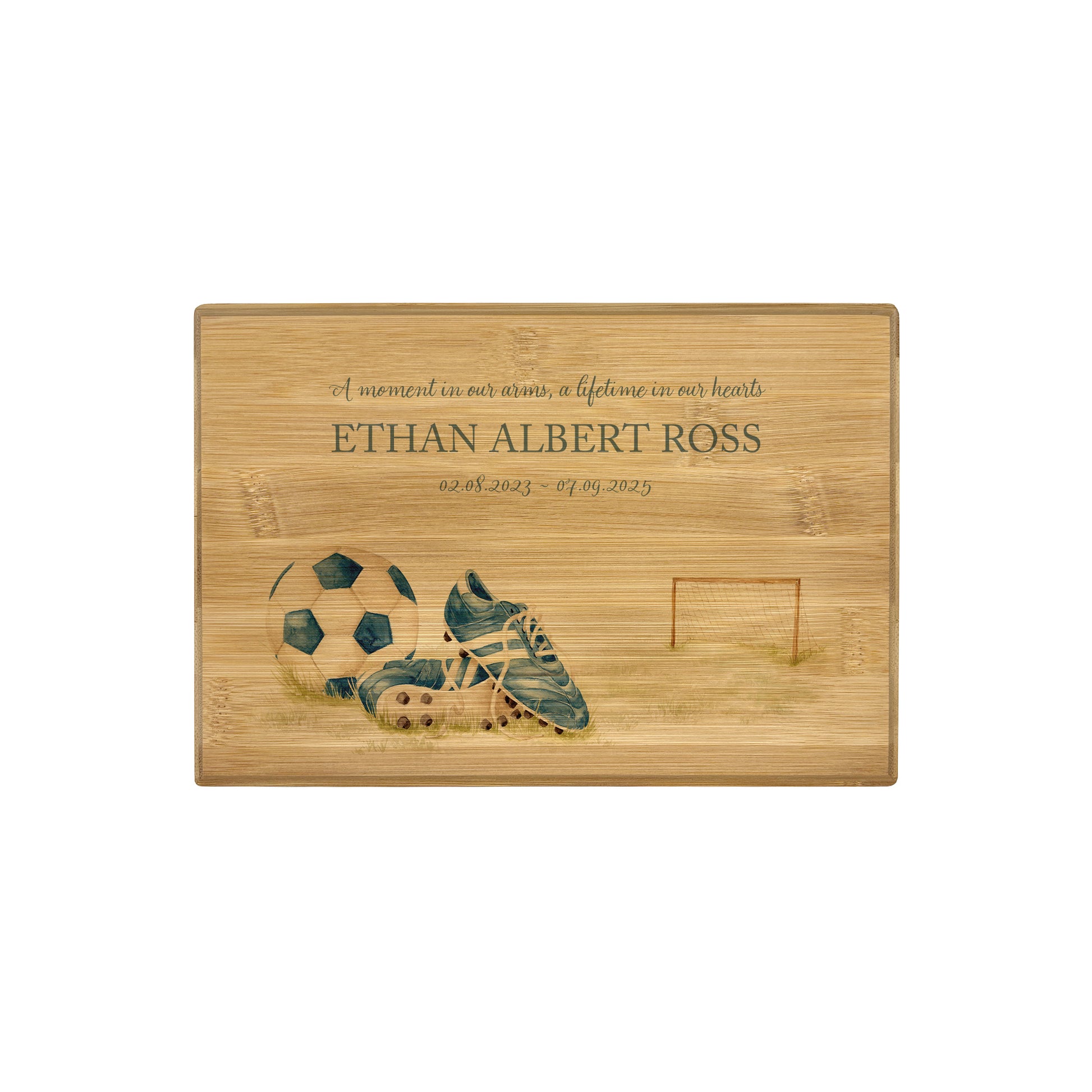 A beautifully crafted solid Bamboo wooden urn, personalised and finished with a soft watercolour design of Football boots, goal and ball. Perfect for the football lover- Great for Dad, Grandad, Brother, Son, Uncle.  Thoughtfully made for either display or burial, this personalised urn can be customised to create a meaningful memorial. Perfect for holding ashes of a loved one or a beloved pet, it serves as a comforting tribute and keepsake.