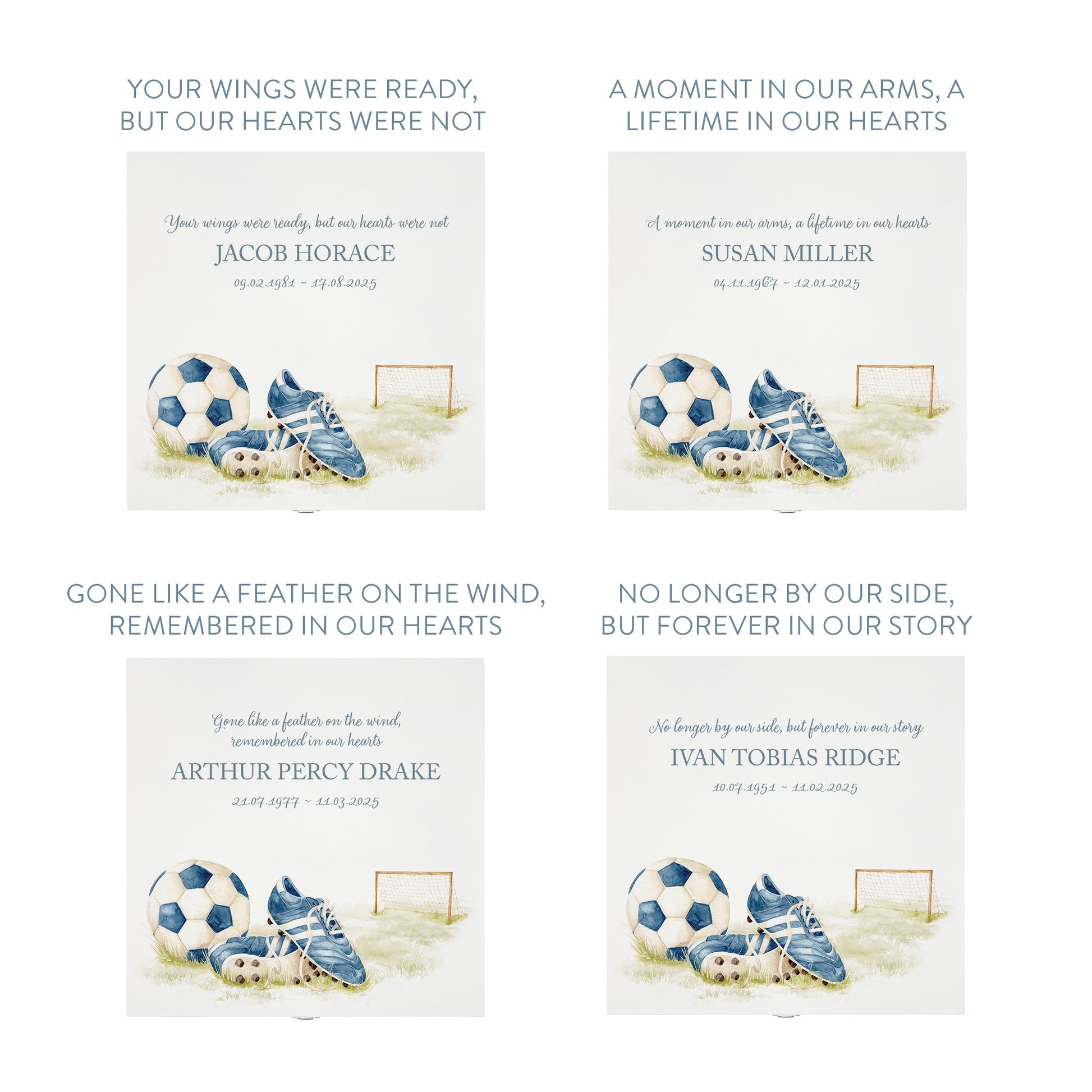 White Square personalised Wooden box with a decorative lid featuring illustrations of a pair of football boots in blue, a goal and football. Perfect funeral memory keepsake box, for storing ashes, order of service, flowers and capturing your loved ones things in one place.