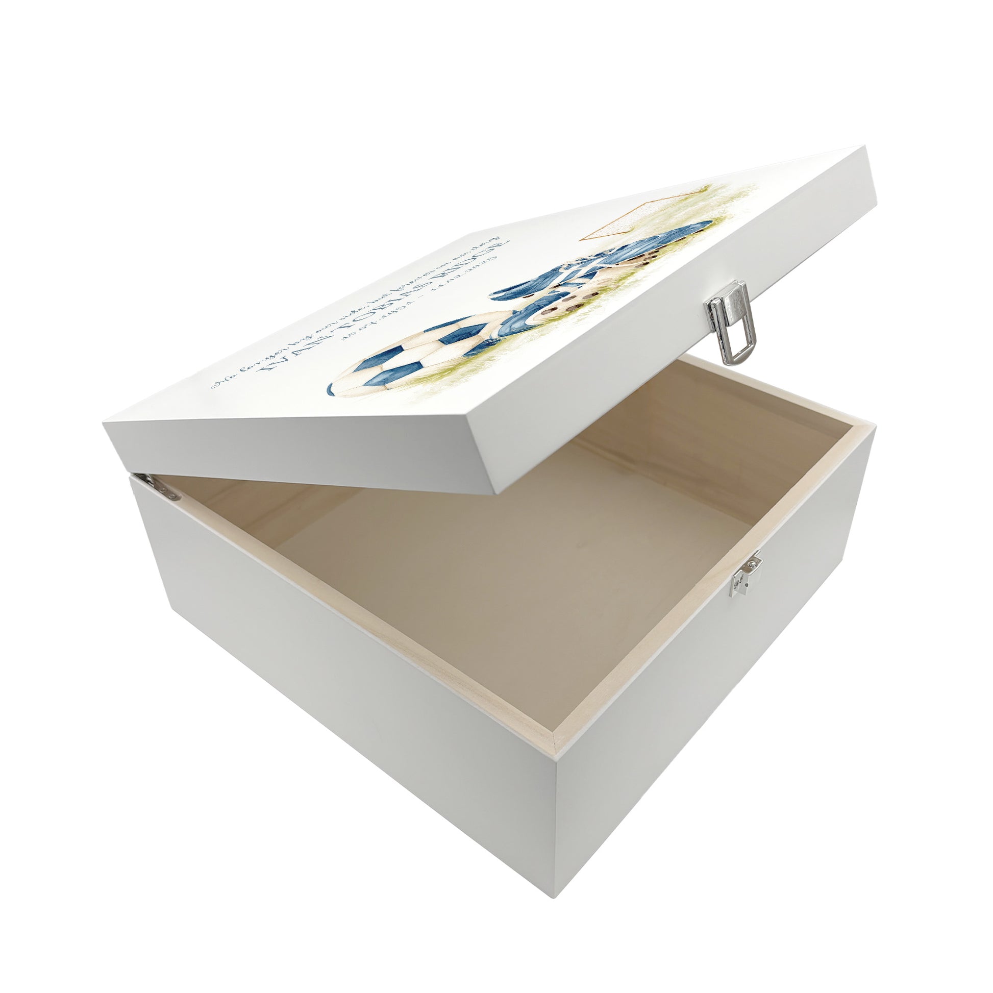 White Square personalised Wooden box with a decorative lid featuring illustrations of a pair of football boots in blue, a goal and football. Perfect funeral memory keepsake box, for storing ashes, order of service, flowers and capturing your loved ones things in one place.
