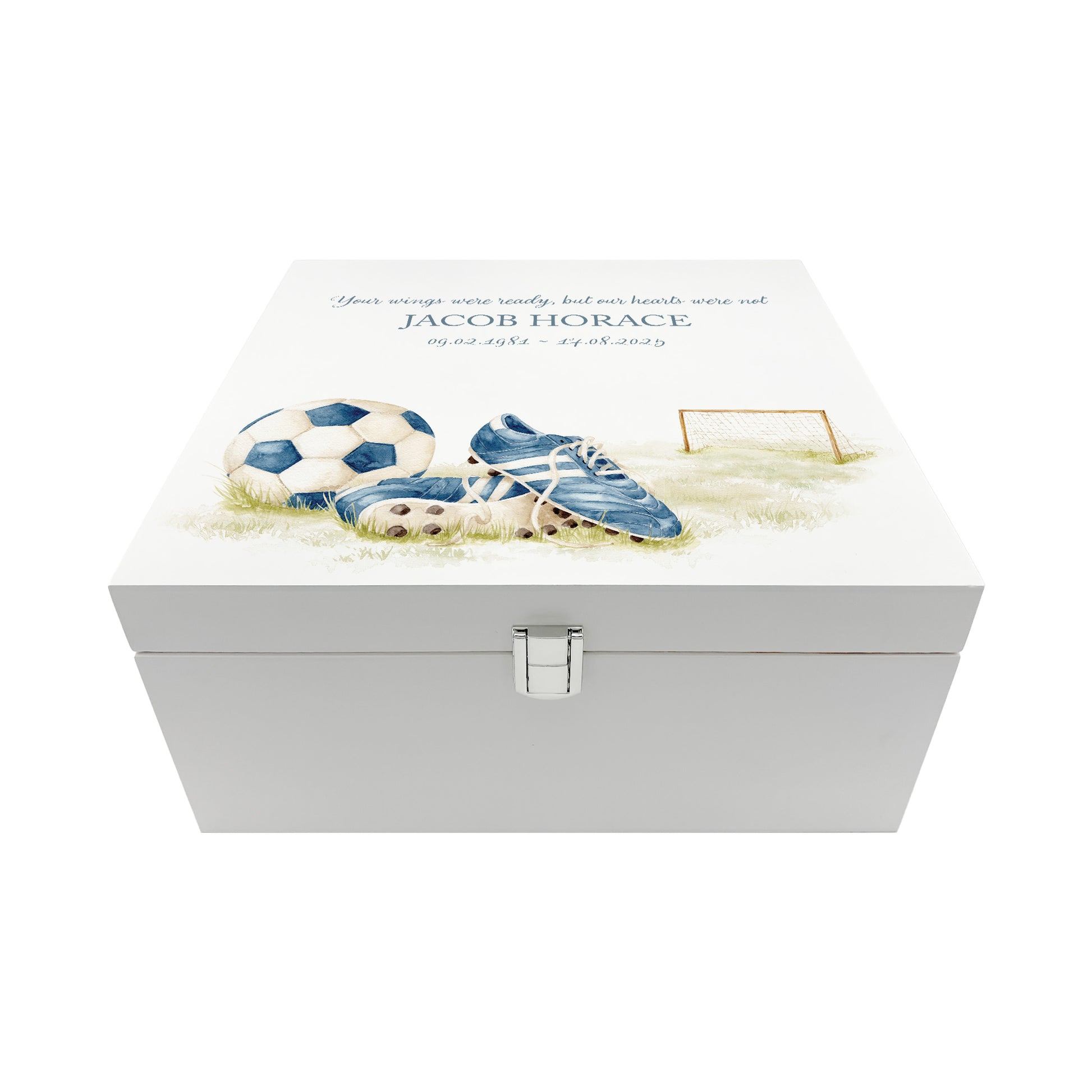 White Square personalised Wooden box with a decorative lid featuring illustrations of a pair of football boots in blue, a goal and football. Perfect funeral memory keepsake box, for storing ashes, order of service, flowers and capturing your loved ones things in one place.