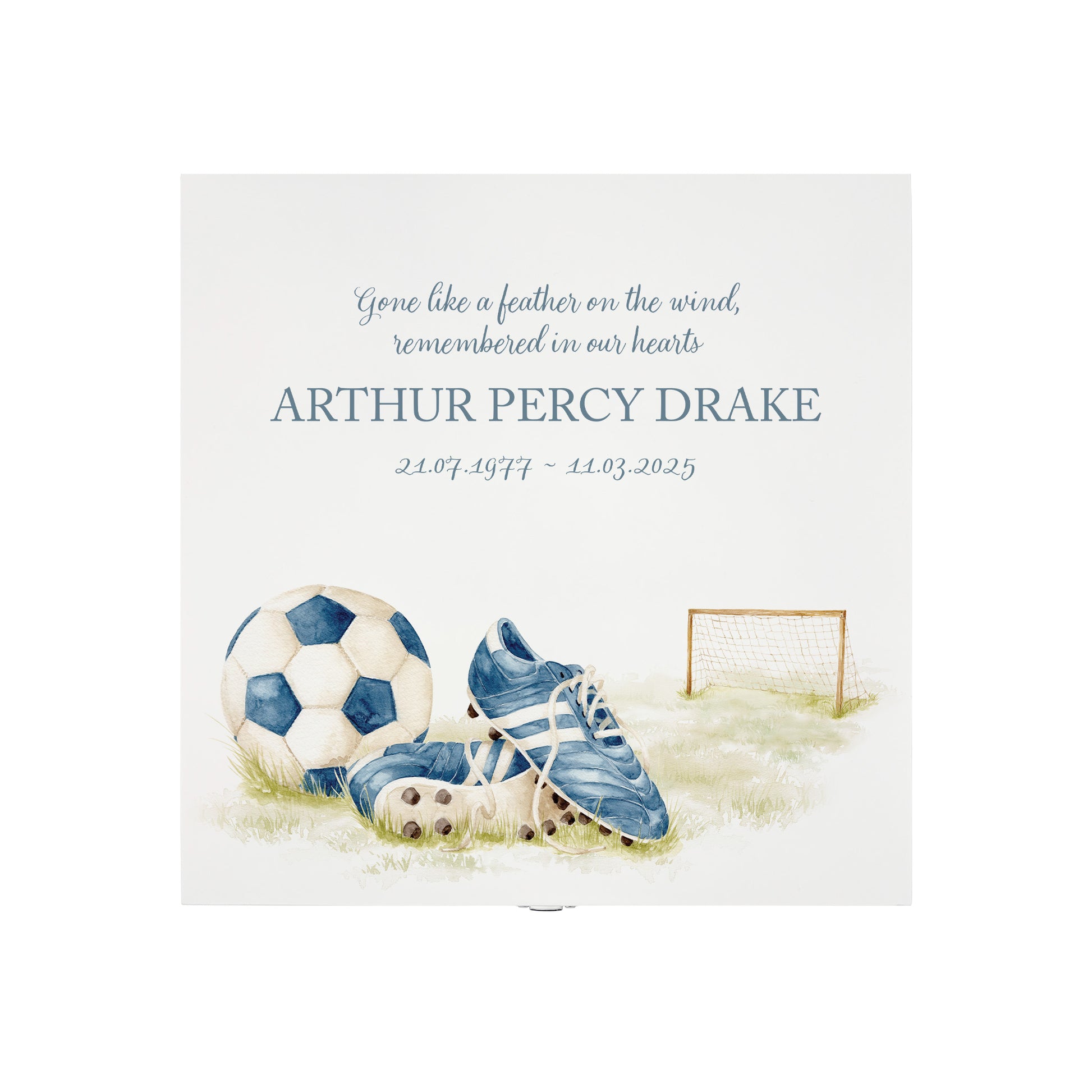 White Square personalised Wooden box with a decorative lid featuring illustrations of a pair of football boots in blue, a goal and football. Perfect funeral memory keepsake box, for storing ashes, order of service, flowers and capturing your loved ones things in one place.