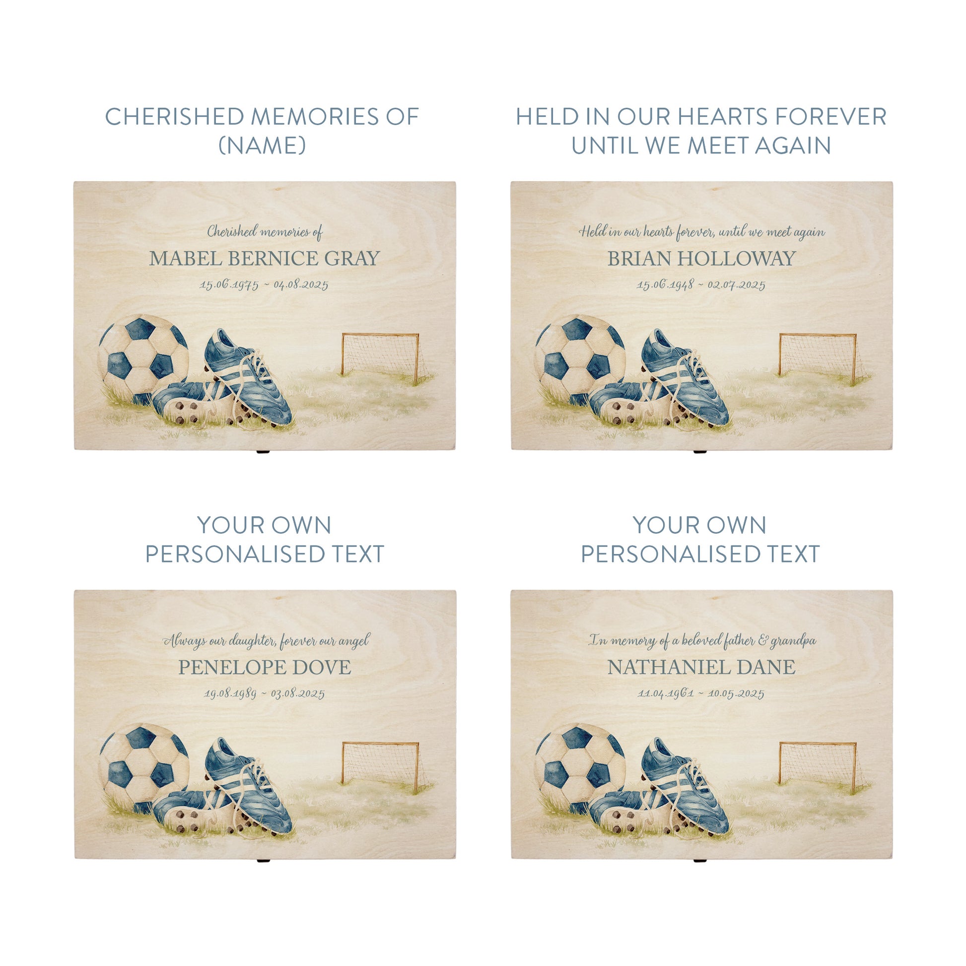Wooden box with a decorative lid featuring illustrations of a pair of football boots, goal and football, Perfect funeral memory keepsake box, for storing ashes, order of service, flowers. capturing your loved ones favourite hobby