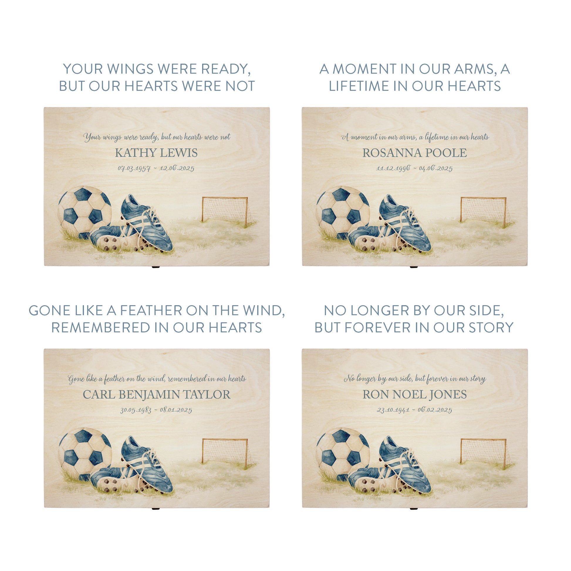 Wooden box with a decorative lid featuring illustrations of a pair of football boots, goal and football, Perfect funeral memory keepsake box, for storing ashes, order of service, flowers. capturing your loved ones favourite hobby