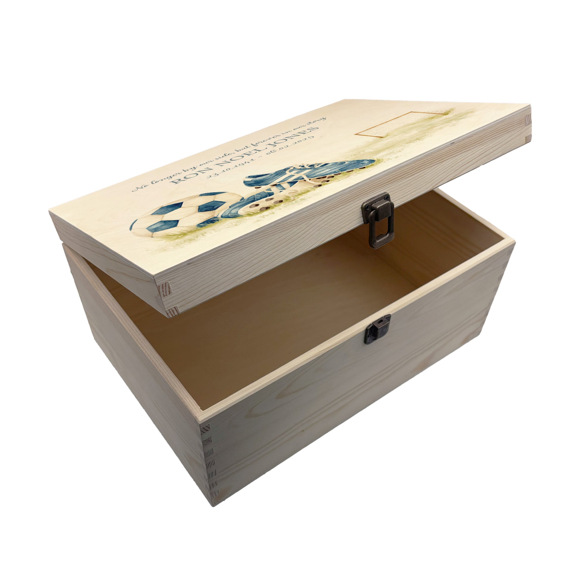 Wooden box with a decorative lid featuring illustrations of a pair of football boots, goal and football, Perfect funeral memory keepsake box, for storing ashes, order of service, flowers. capturing your loved ones favourite hobby
