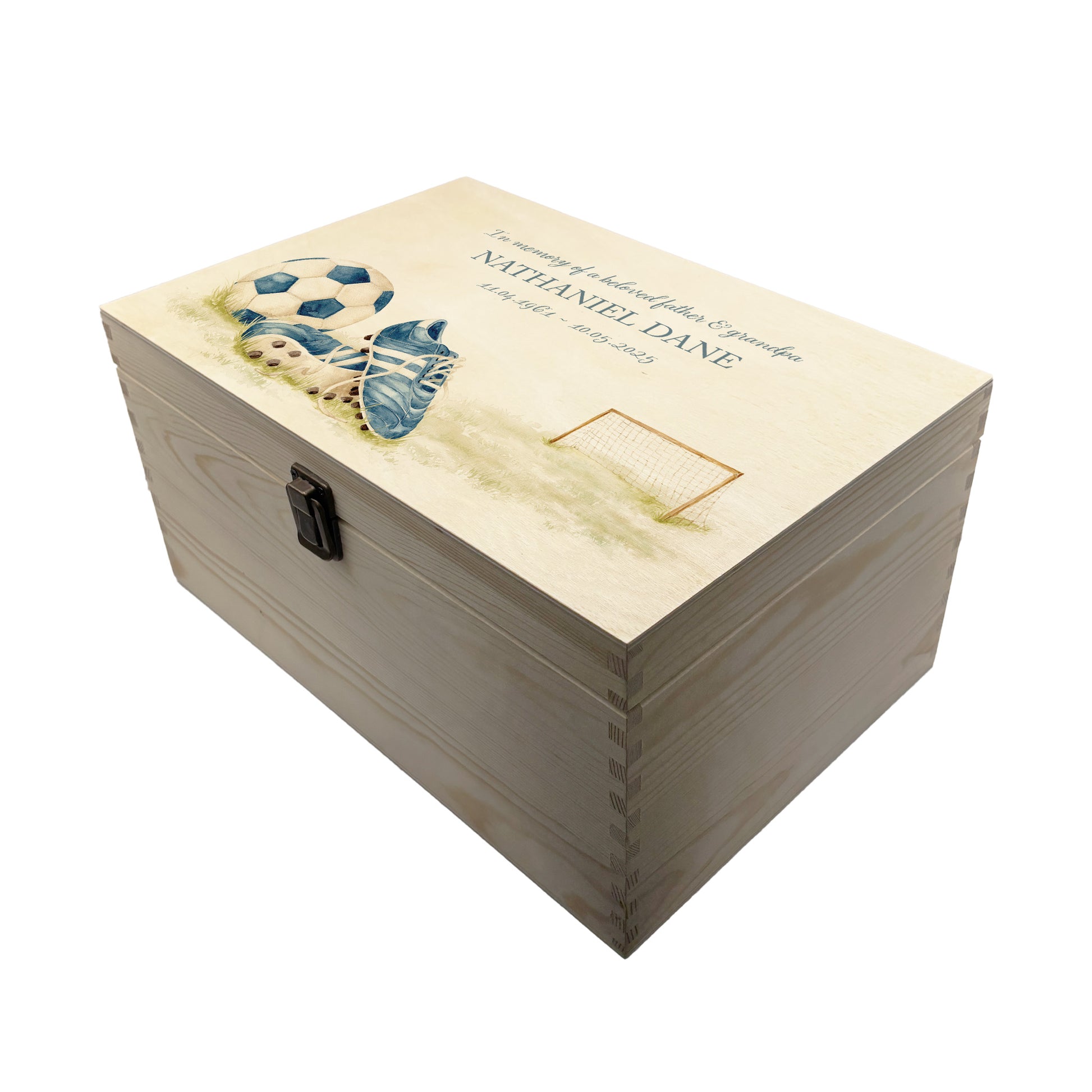 Wooden box with a decorative lid featuring illustrations of a pair of football boots, goal and football, Perfect funeral memory keepsake box, for storing ashes, order of service, flowers. capturing your loved ones favourite hobby