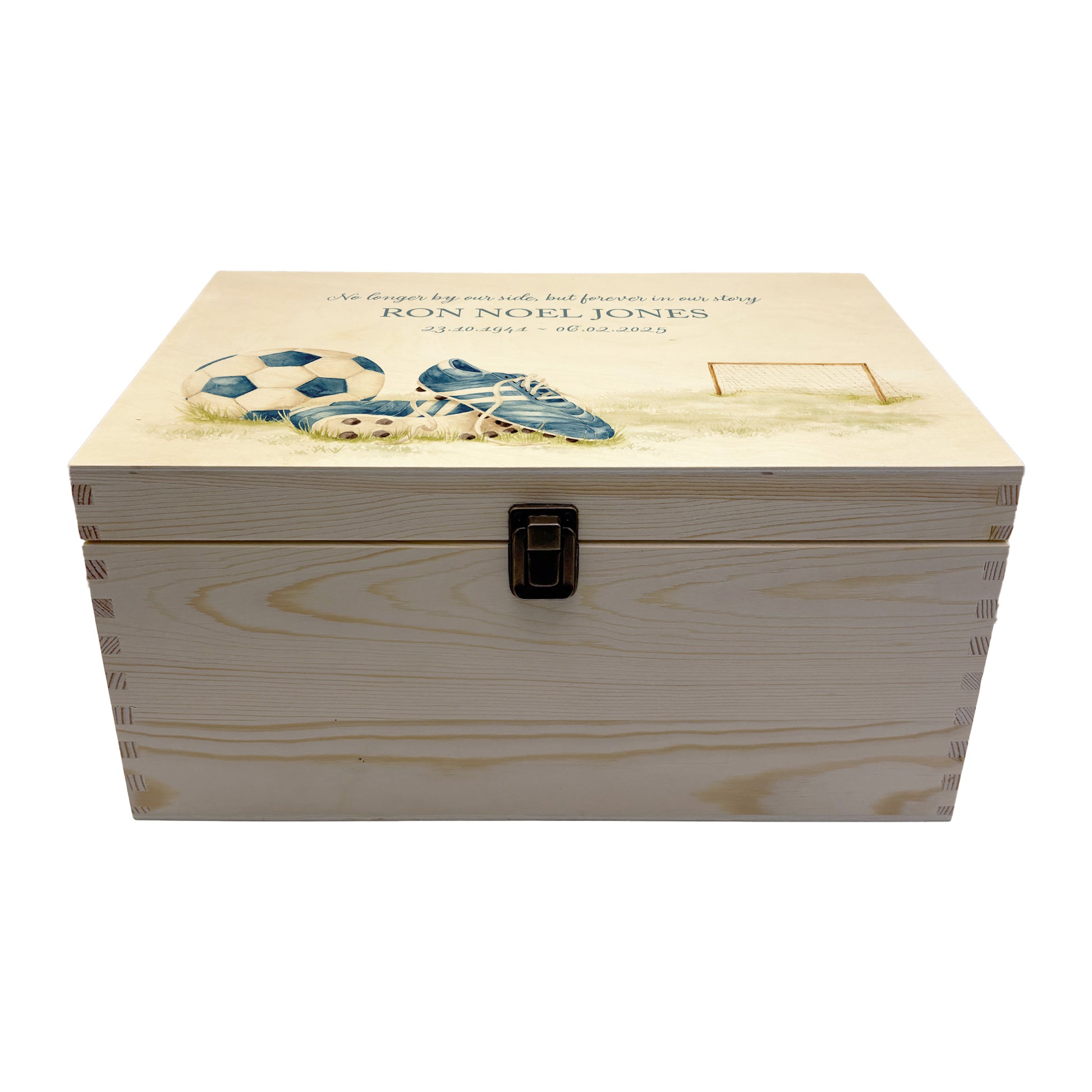 Wooden box with a decorative lid featuring illustrations of a pair of football boots, goal and football, Perfect funeral memory keepsake box, for storing ashes, order of service, flowers. capturing your loved ones favourite hobby