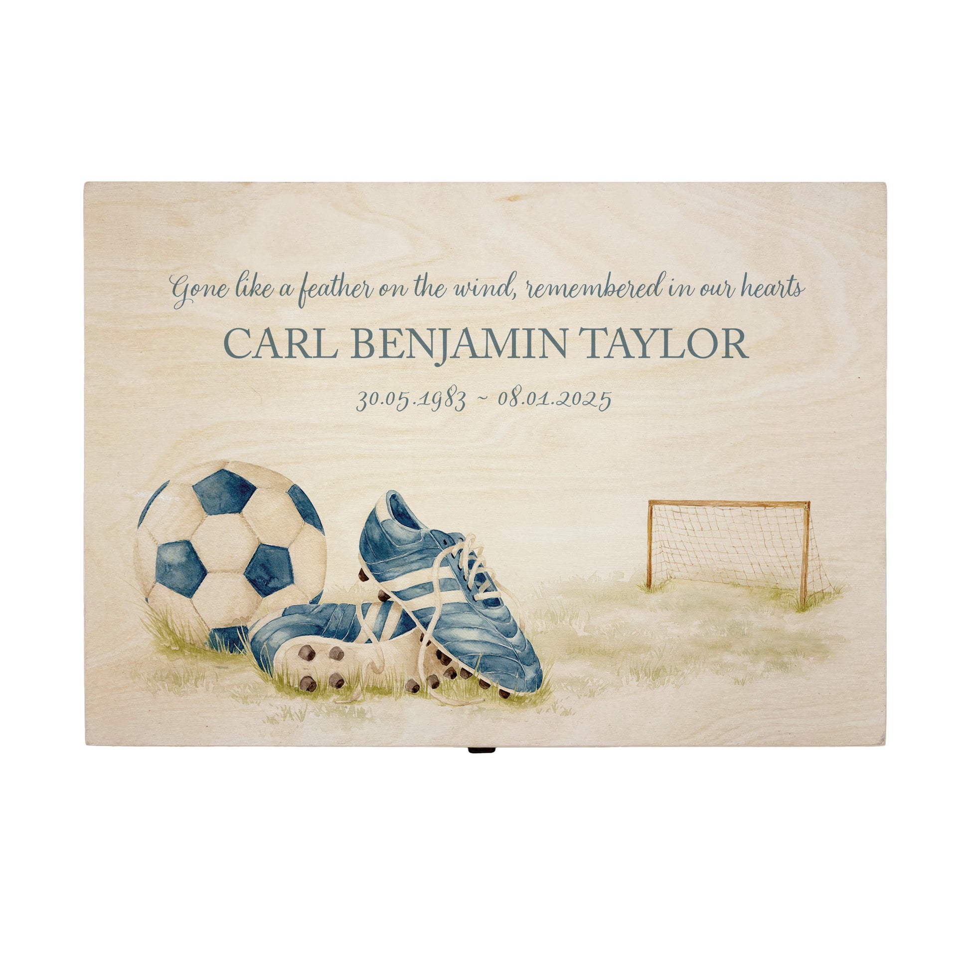Wooden box with a decorative lid featuring illustrations of a pair of football boots, goal and football, Perfect funeral memory keepsake box, for storing ashes, order of service, flowers. capturing your loved ones favourite hobby