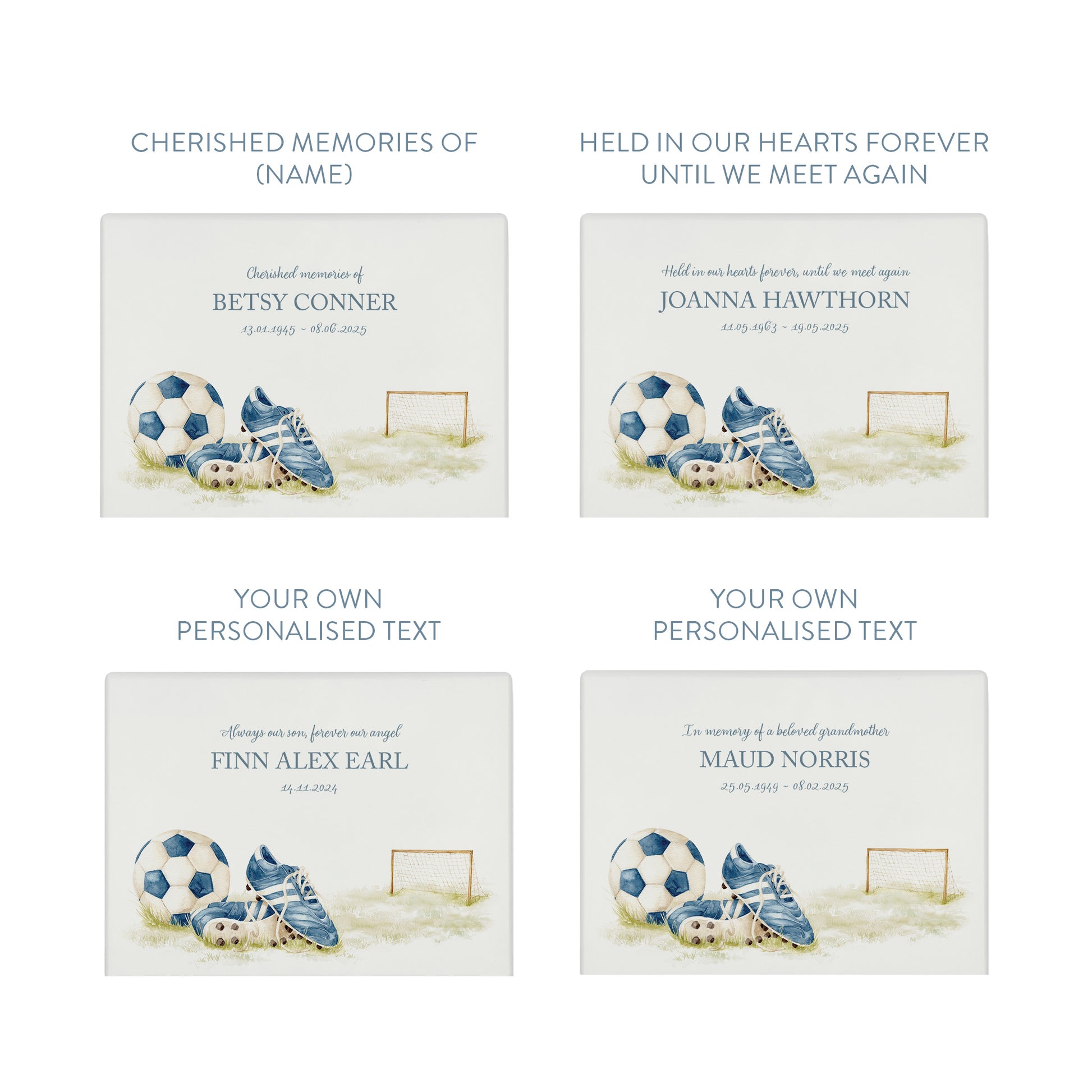 A beautifully crafted solid wooden urn, finished in white with a soft watercolour design of a Football and boots, Thoughtfully made for either display or burial, this personalised urn can be customised to create a meaningful memorial. Perfect for holding ashes of a loved one or a beloved pet, it serves as a comforting tribute and keepsake.